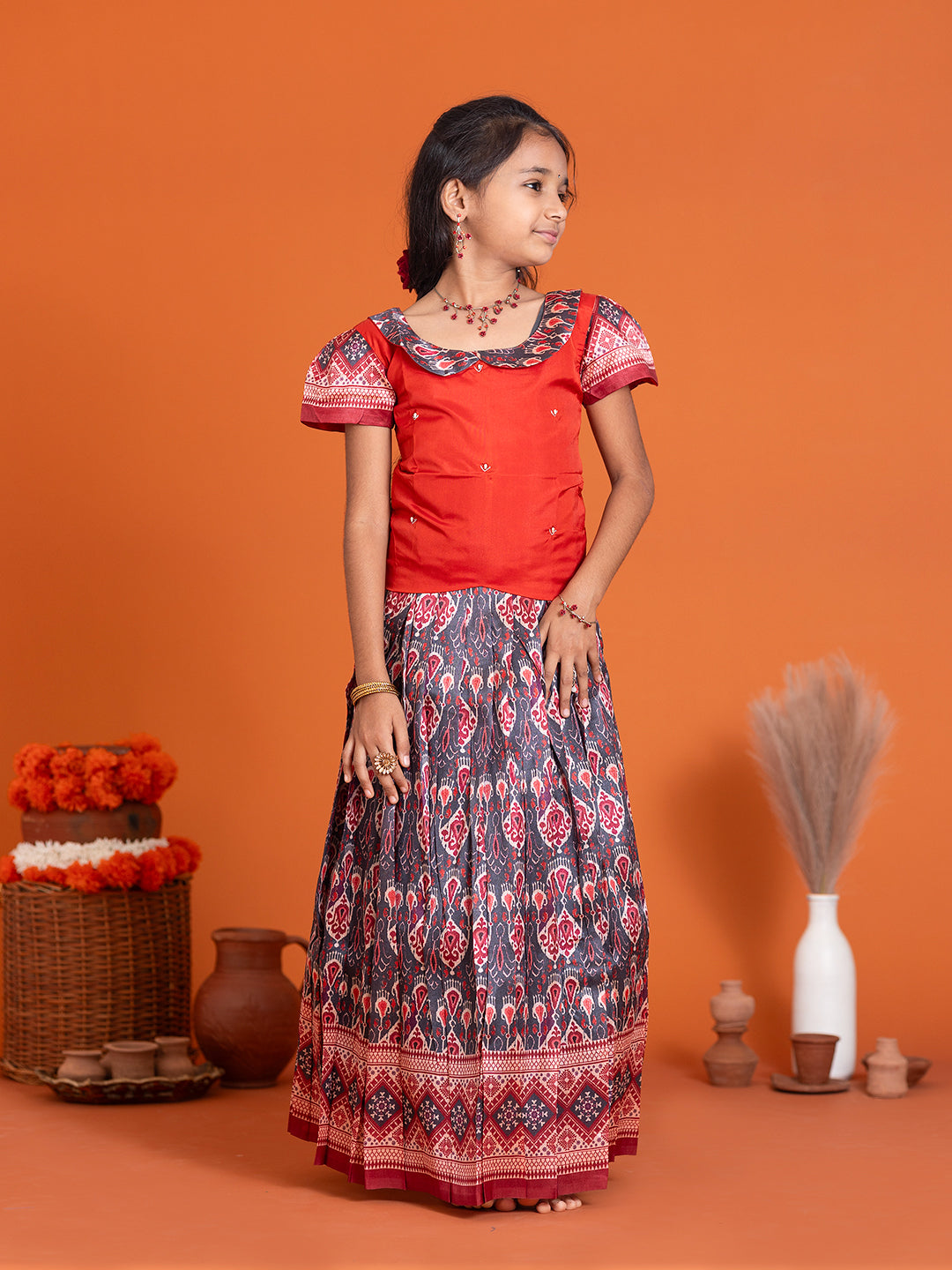 Girls Pattu Pavadai Set Red with Grey Traditional Ethnic Wear GPS30