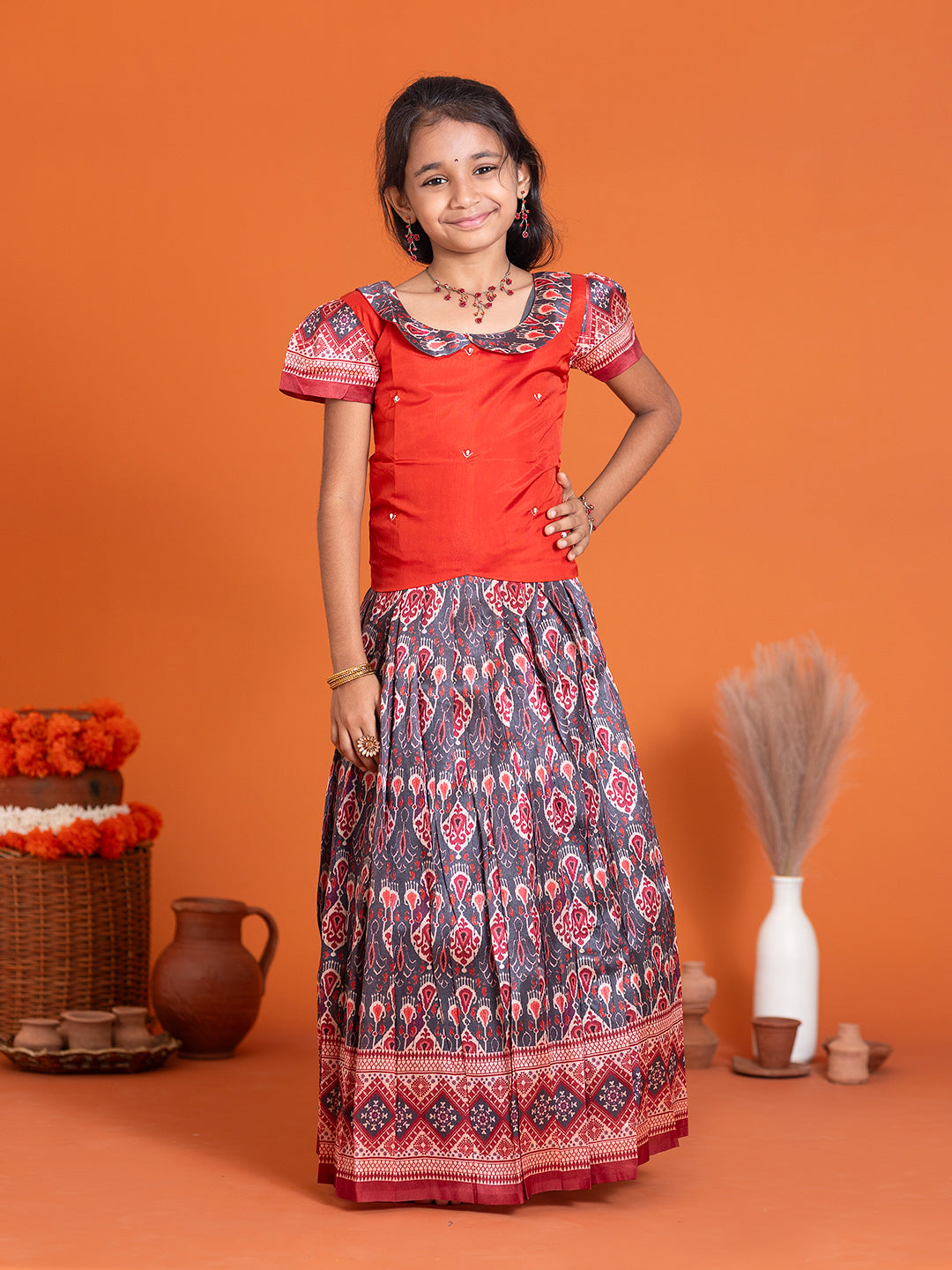 Girls Pattu Pavadai Set Red with Grey Traditional Ethnic Wear GPS30