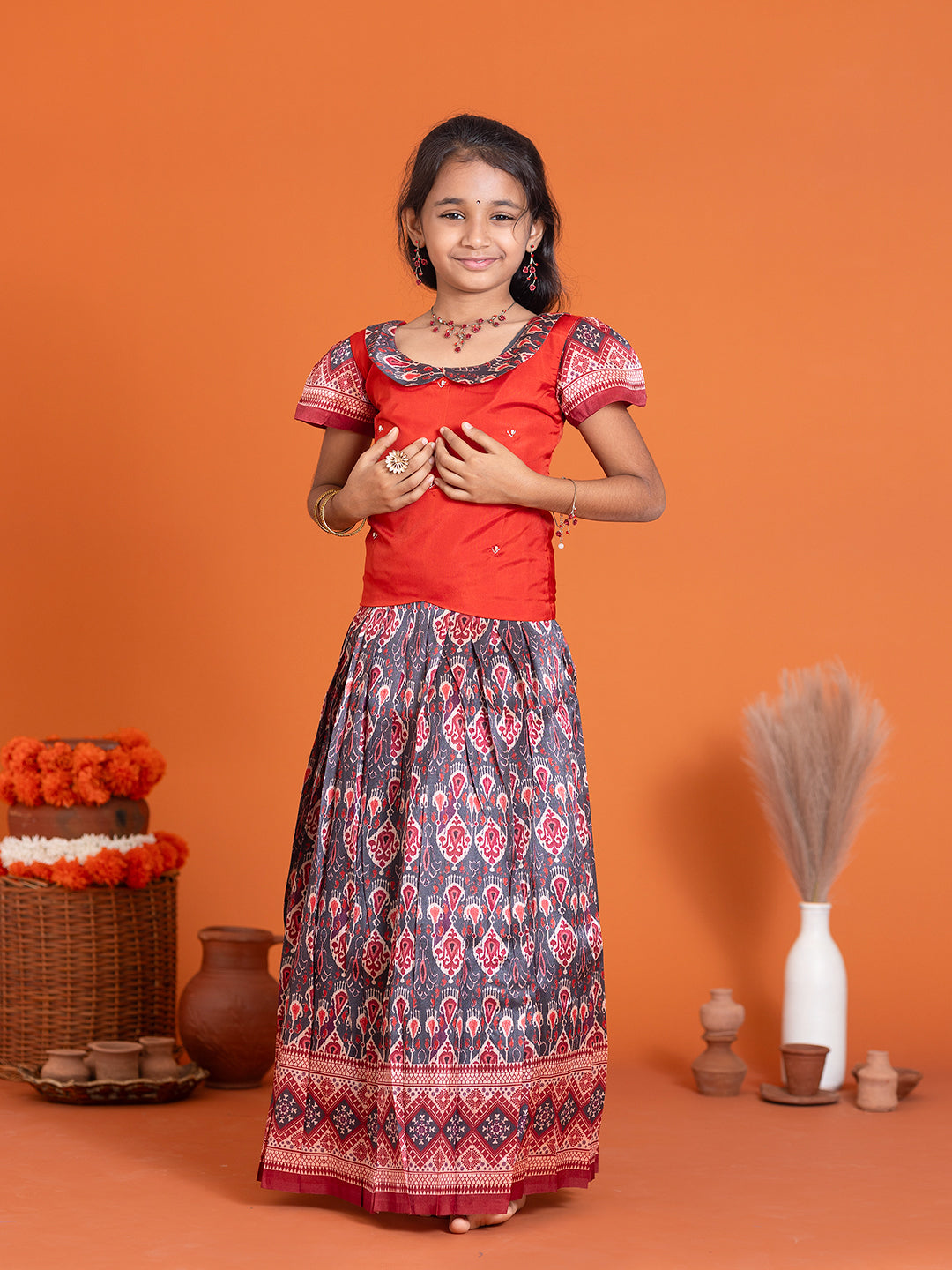 Girls Pattu Pavadai Set Red with Grey Traditional Ethnic Wear GPS30