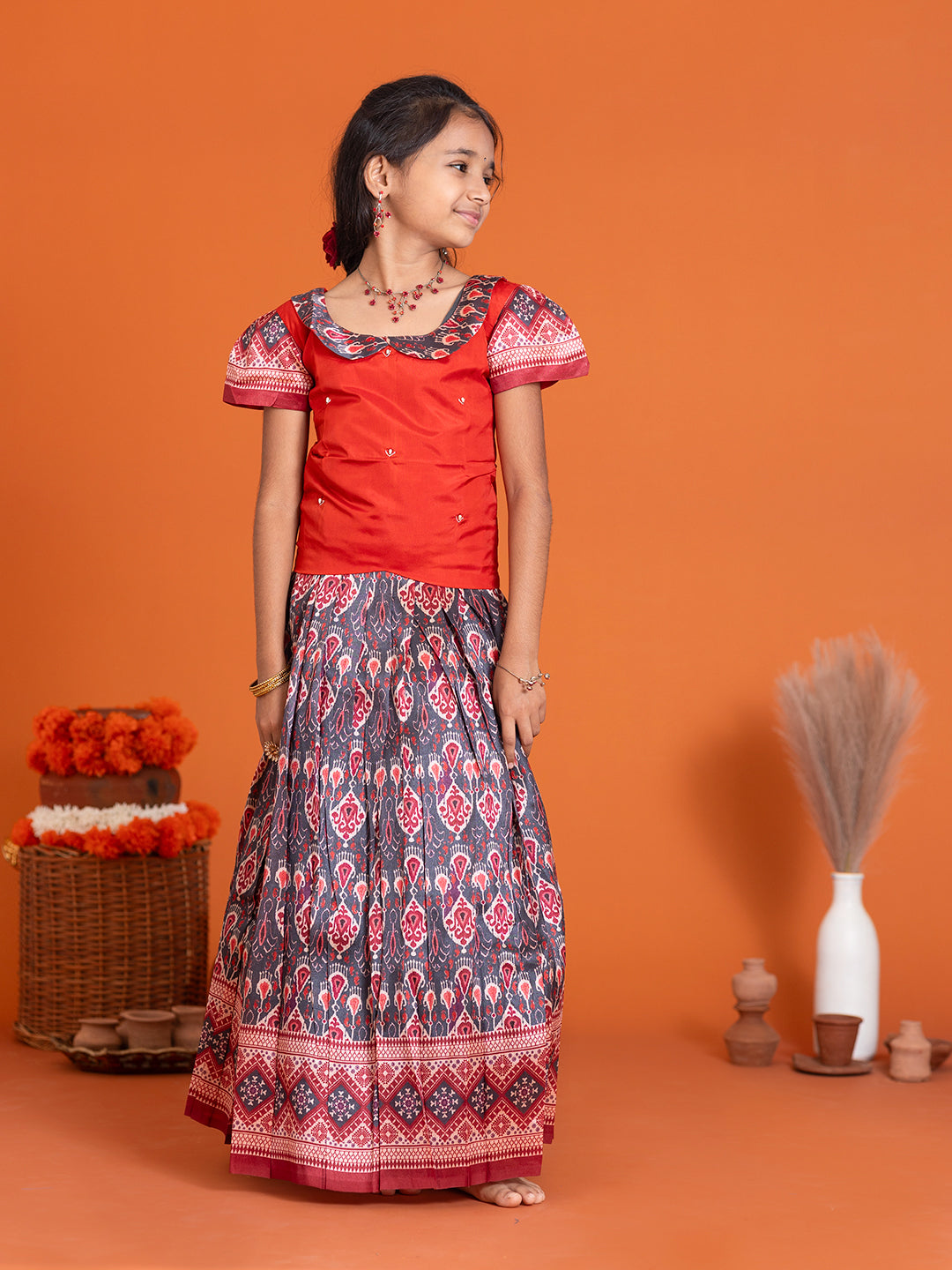 Girls Pattu Pavadai Set Red with Grey Traditional Ethnic Wear GPS30