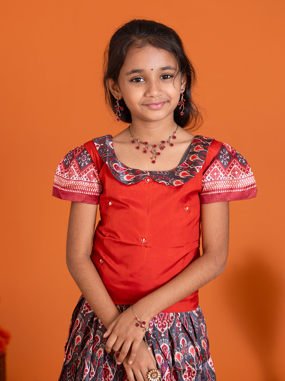Girls Pattu Pavadai Set Red with Grey Traditional Ethnic Wear GPS30