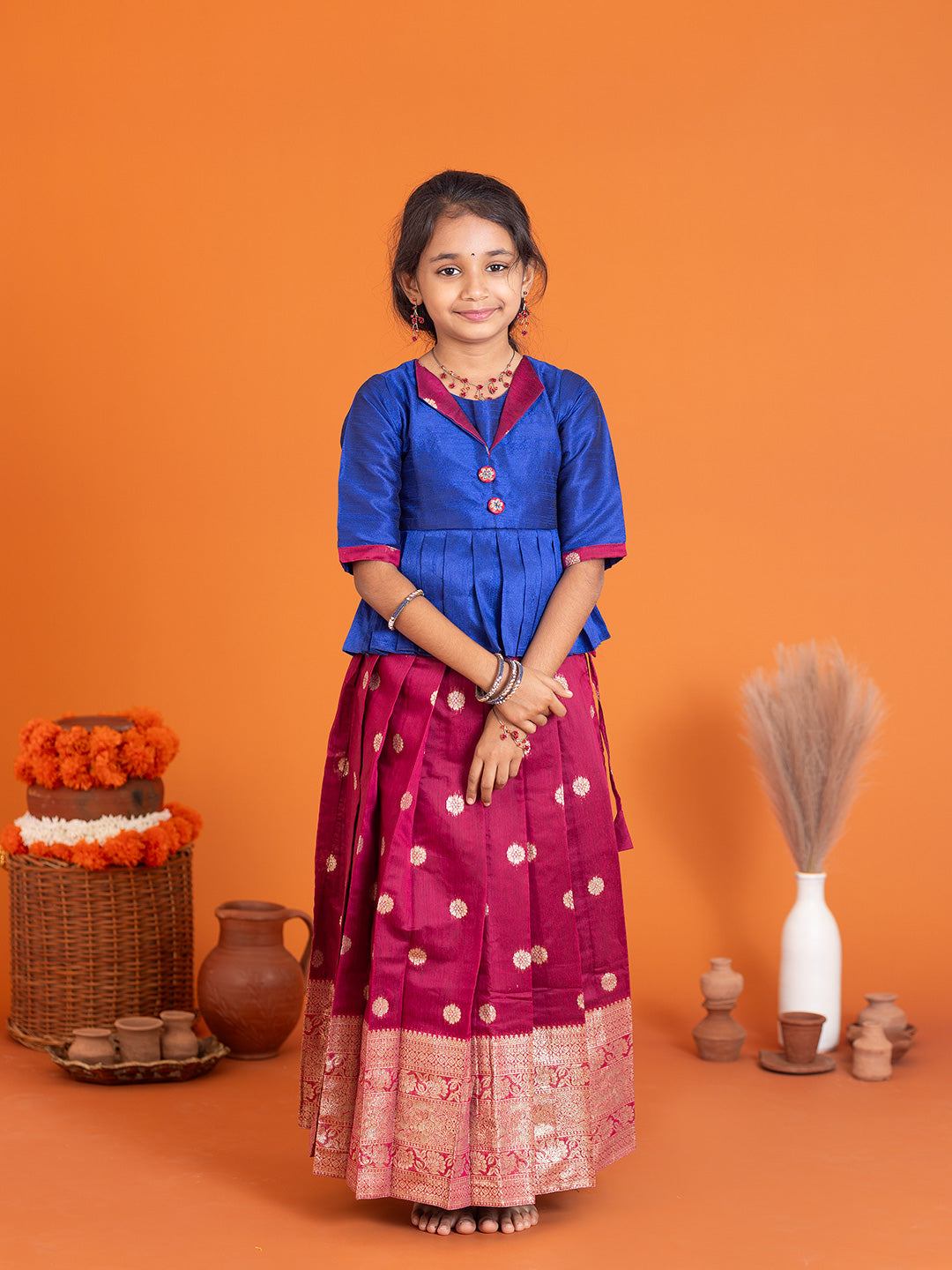 Girls Pattu Pavadai Set Blue with Majenta Traditional Ethnic Wear GPS35