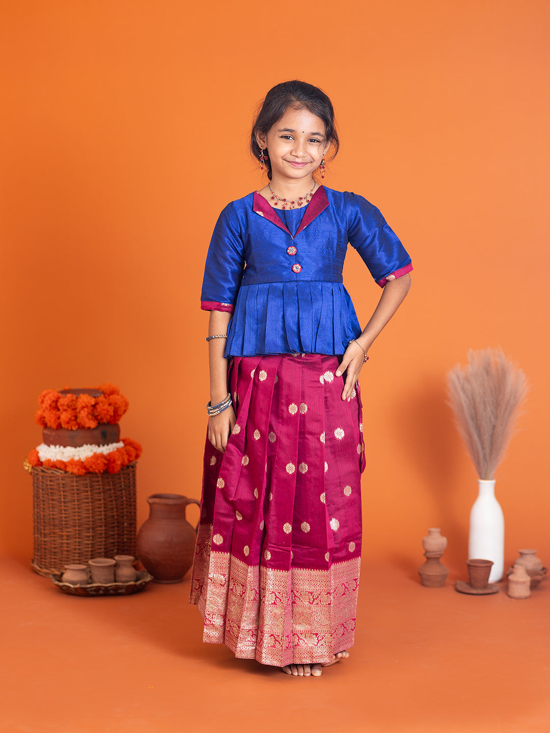 Girls Pattu Pavadai Set Blue with Majenta Traditional Ethnic Wear GPS35