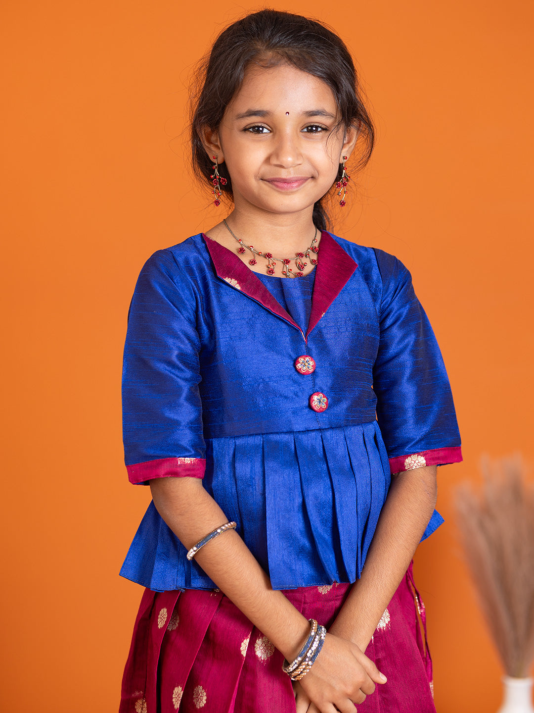 Girls Pattu Pavadai Set Blue with Majenta Traditional Ethnic Wear GPS35