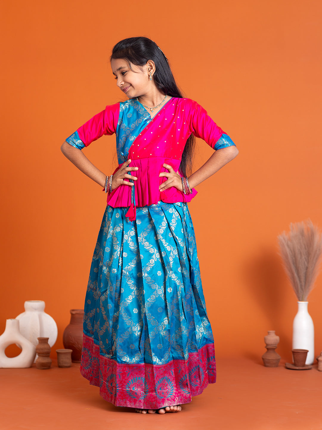 Girls Pattu Pavadai Set Pink with Blue Traditional Ethnic Wear GPS33