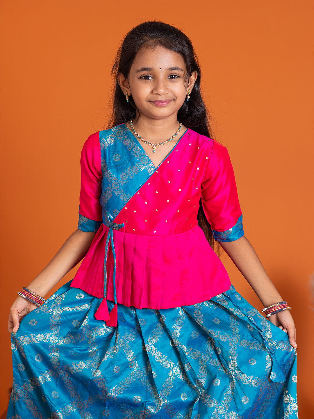 Girls Pattu Pavadai Set Pink with Blue Traditional Ethnic Wear GPS33