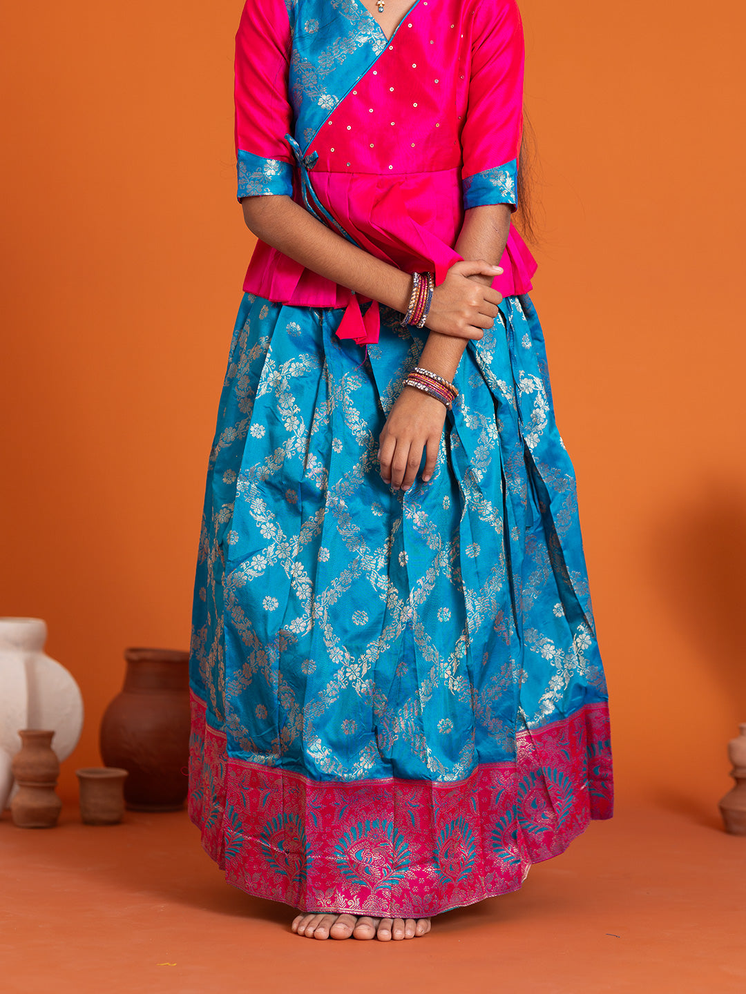 Girls Pattu Pavadai Set Pink with Blue Traditional Ethnic Wear GPS33