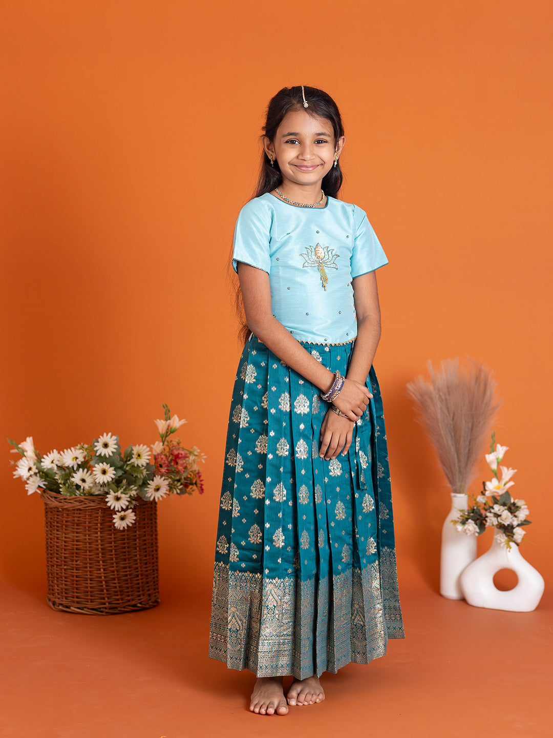 Girls Pattu Pavadai Set Mint Blue with Peacock Blue Traditional Ethnic Wear GPS32