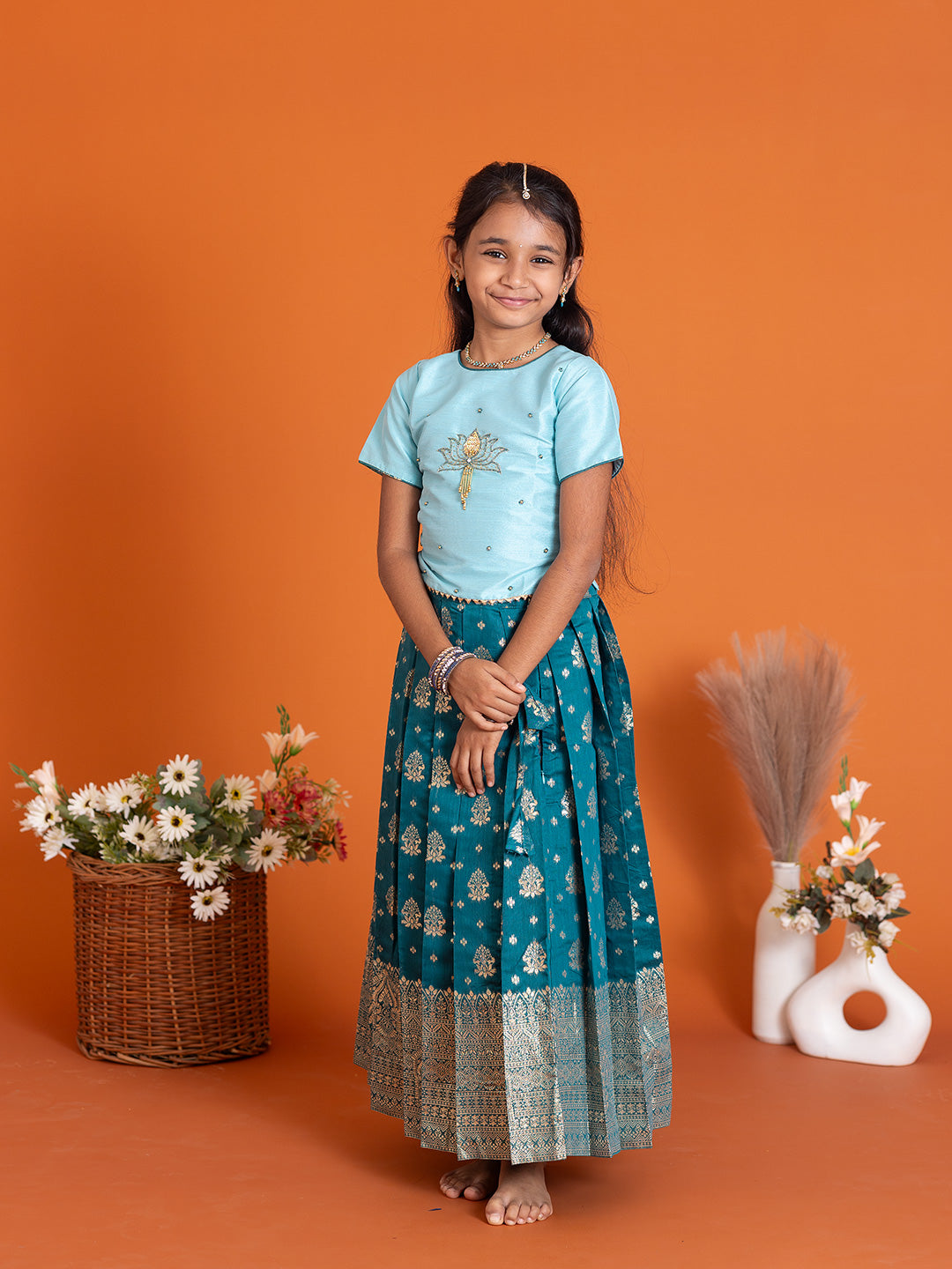 Girls Pattu Pavadai Set Mint Blue with Peacock Blue Traditional Ethnic Wear GPS32