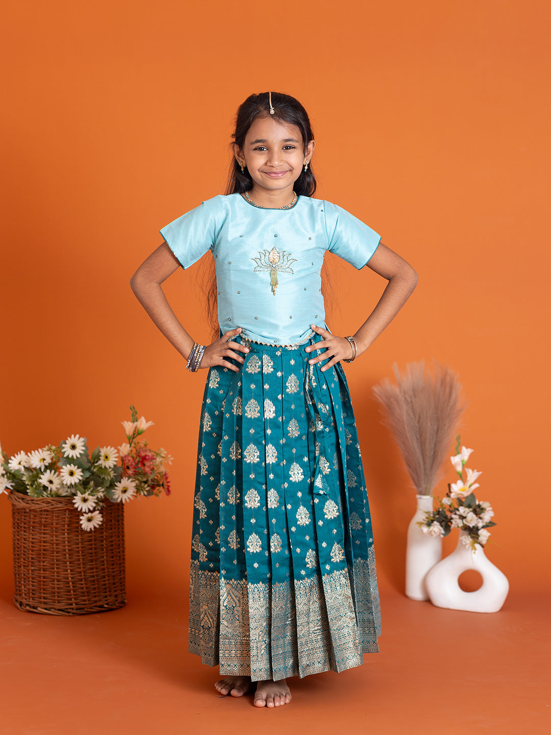 Girls Pattu Pavadai Set Mint Blue with Peacock Blue Traditional Ethnic Wear GPS32
