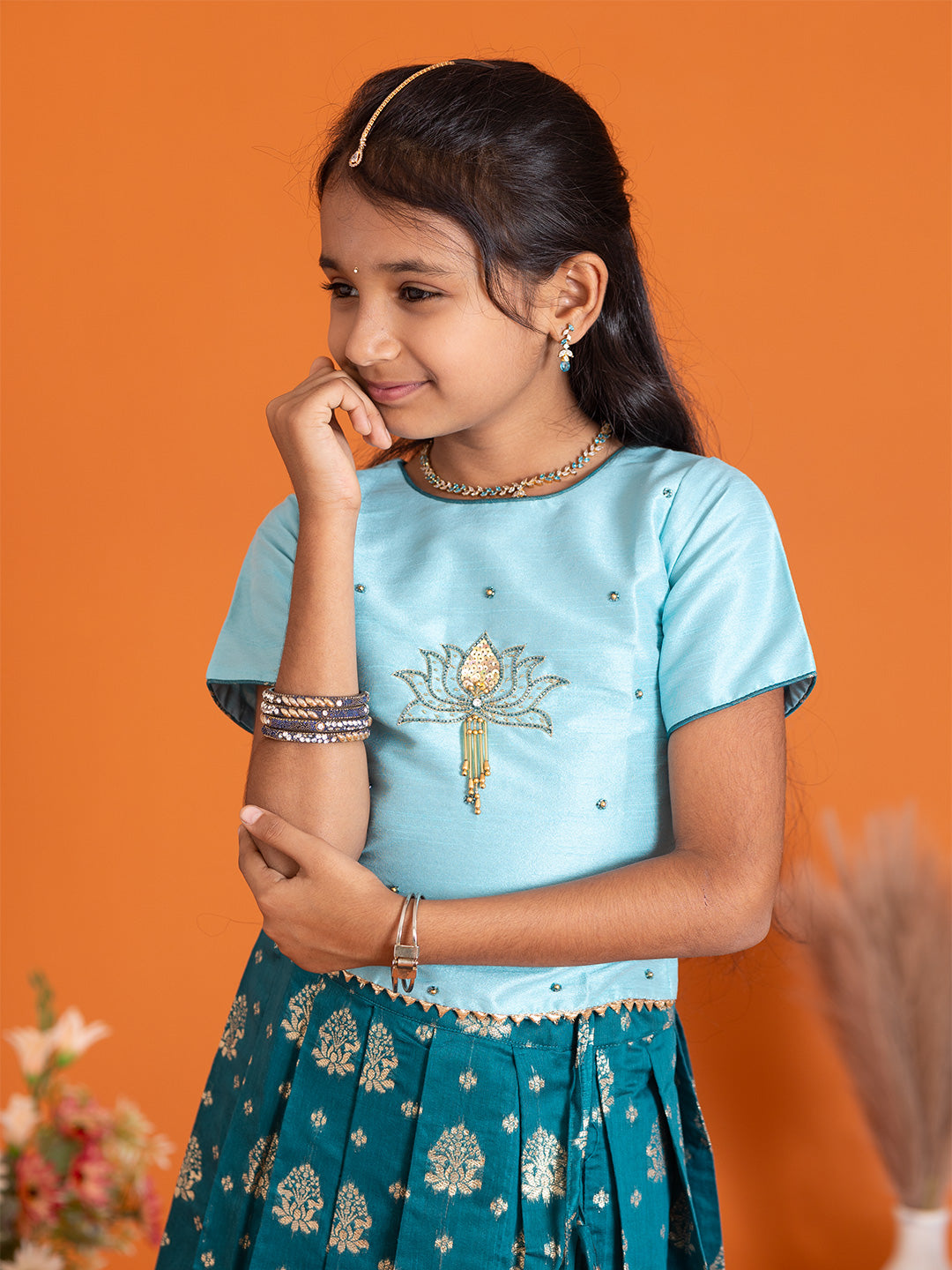 Girls Pattu Pavadai Set Mint Blue with Peacock Blue Traditional Ethnic Wear GPS32