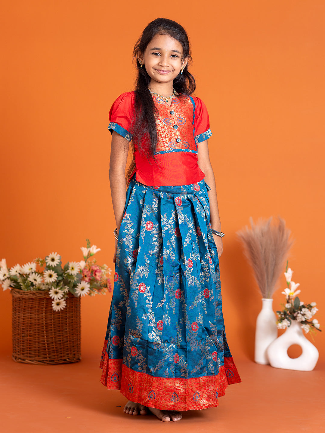 Girls Pattu Pavadai Set Red with Blue Traditional Ethnic Wear GPS29
