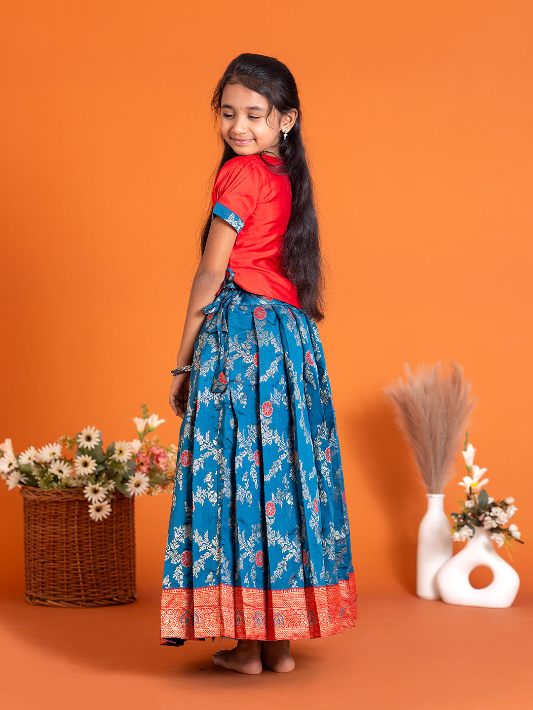 Girls Pattu Pavadai Set Red with Blue Traditional Ethnic Wear GPS29