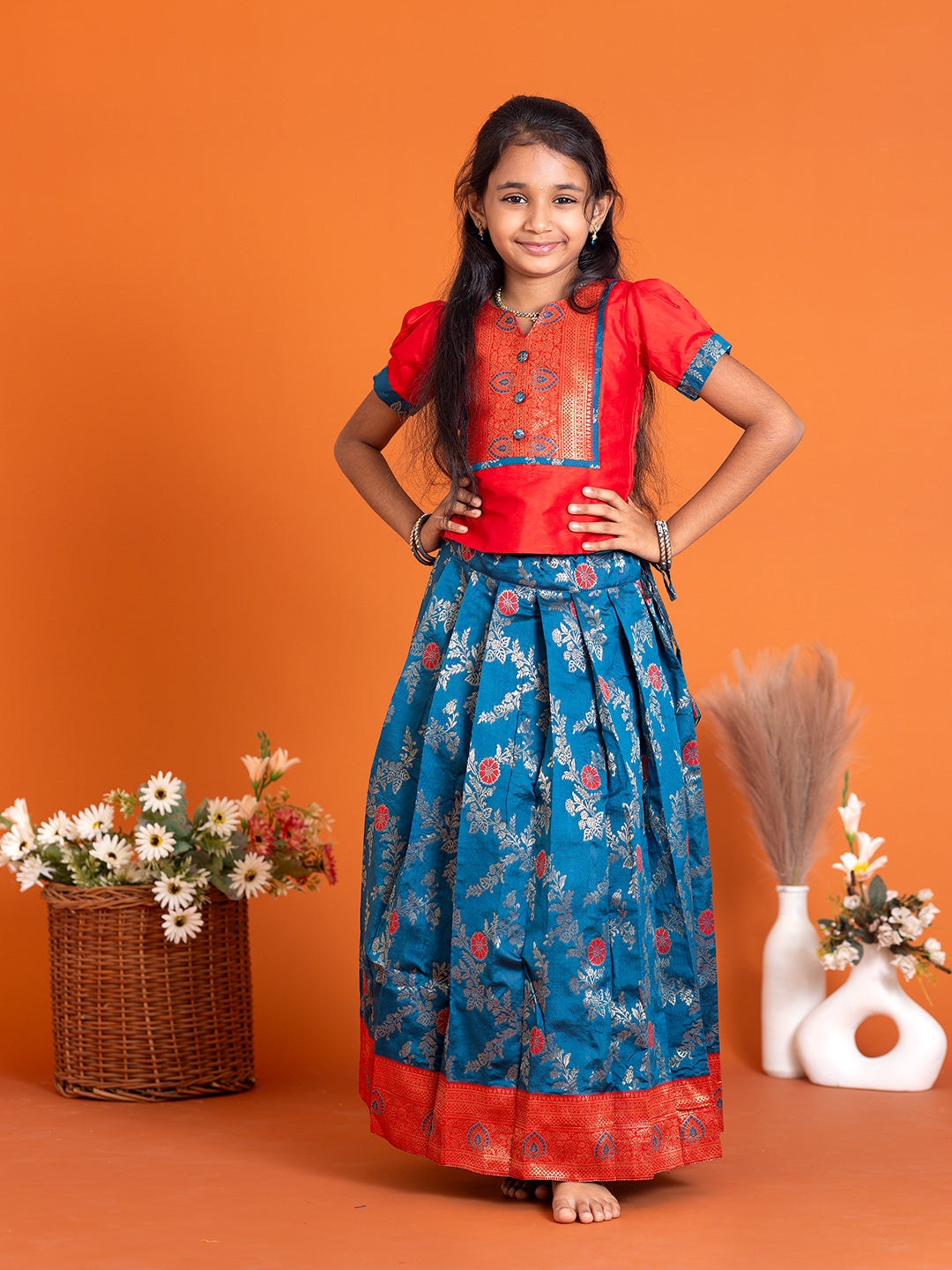 Girls Pattu Pavadai Set Red with Blue Traditional Ethnic Wear GPS29
