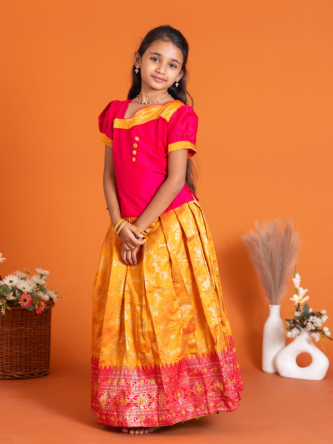 Girls Pattu Pavadai Set Pink with Orange Traditional Ethnic Wear GPS39