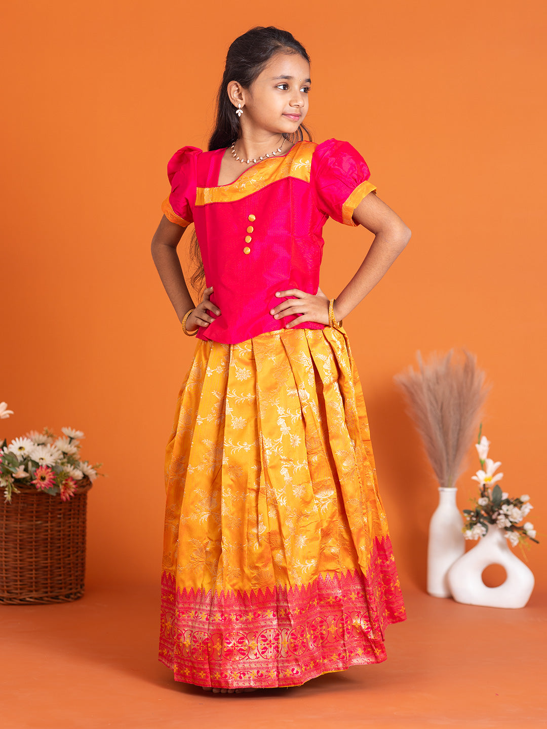 Girls Pattu Pavadai Set Pink with Orange Traditional Ethnic Wear GPS39