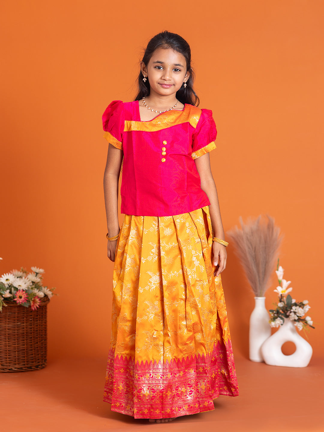 Girls Pattu Pavadai Set Pink with Orange Traditional Ethnic Wear GPS39