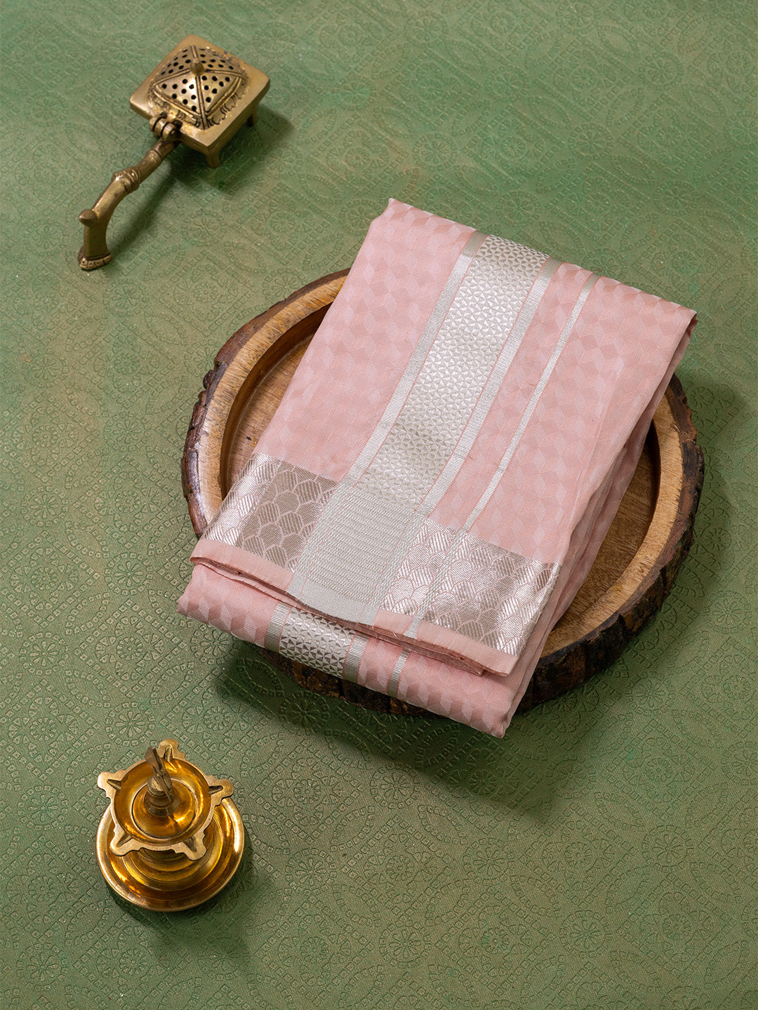 Men Pure Silk Light Copper Dhoti Shirting & Towel Set with 2 1/2 " inch Silver Jari Border RJ05