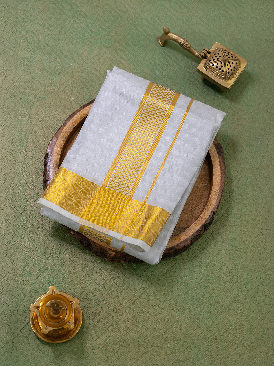 Men Pure Silk Grey Dhoti Shirting & Towel Set with 2 1/2 " inch Gold Jari Border RJ01