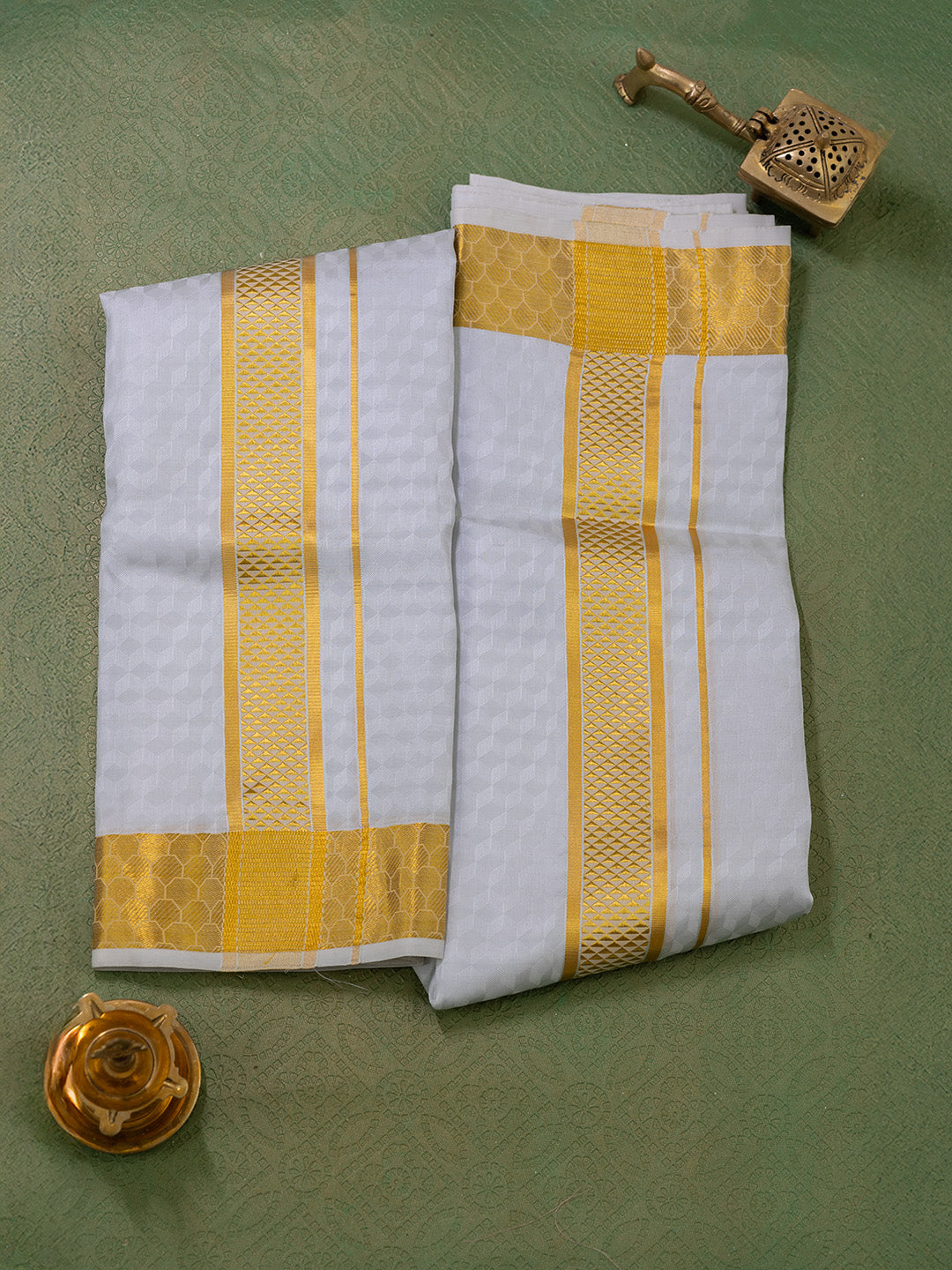 Men Pure Silk Grey Dhoti Shirting & Towel Set with 2 1/2 " inch Gold Jari Border RJ01