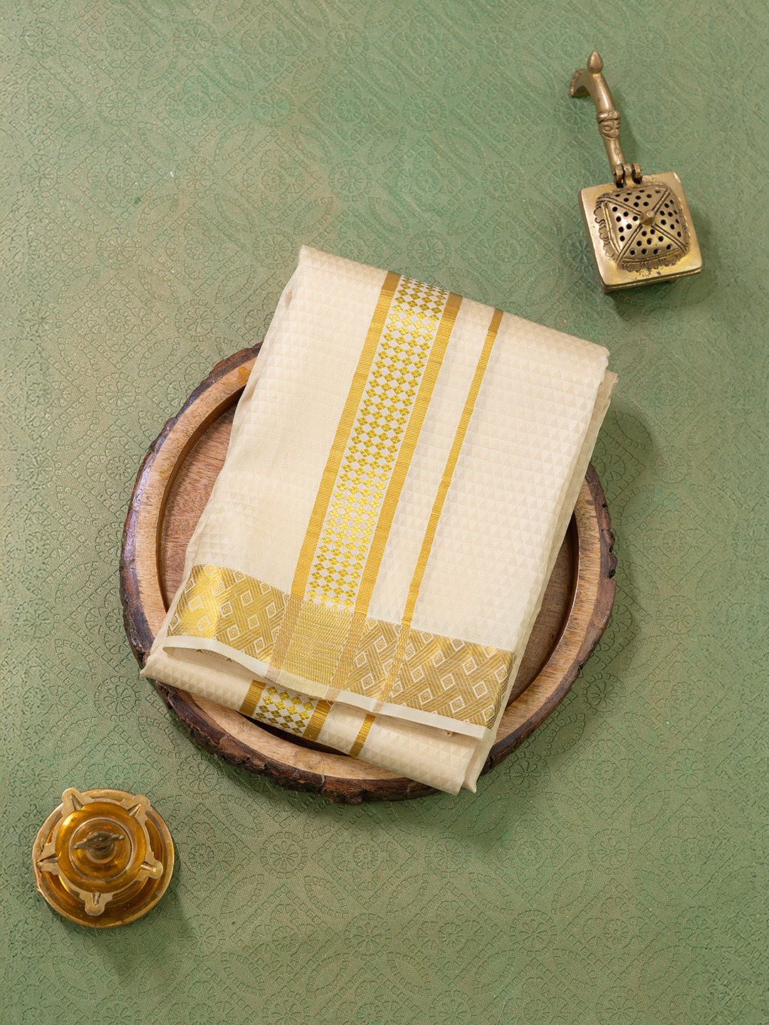 Men Pure Silk Gold Dhoti Shirting & Towel Set with 2" inch Gold Jari Border RJ01