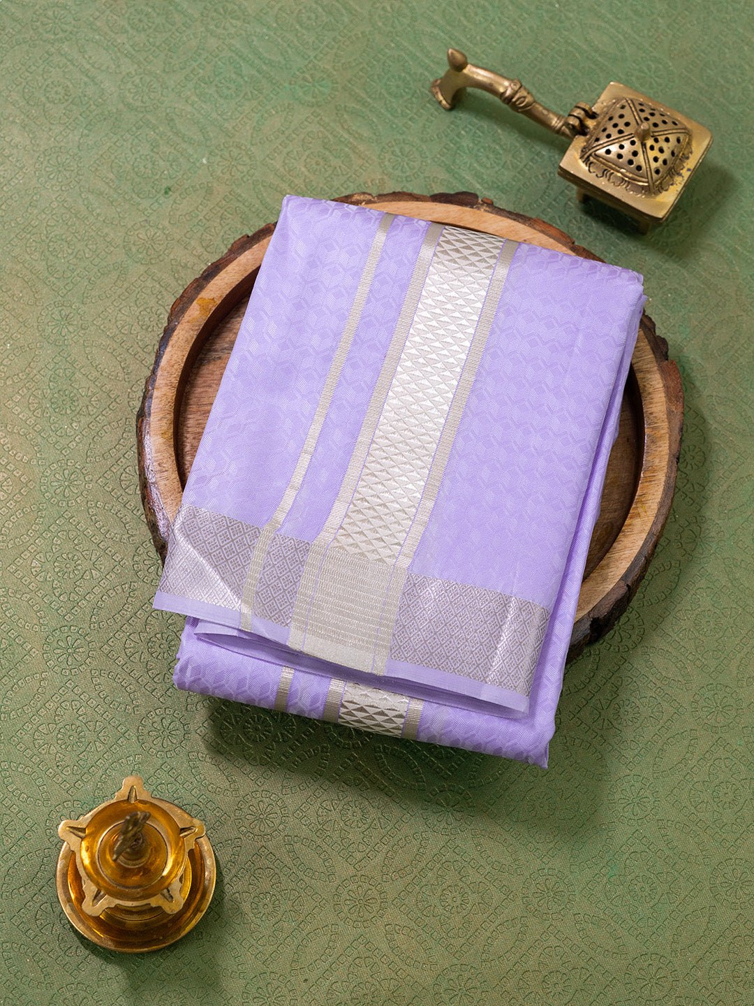 Men Pure Silk Lavender Dhoti Shirting & Towel Set with 2" inch Silver Jari Border RJ07