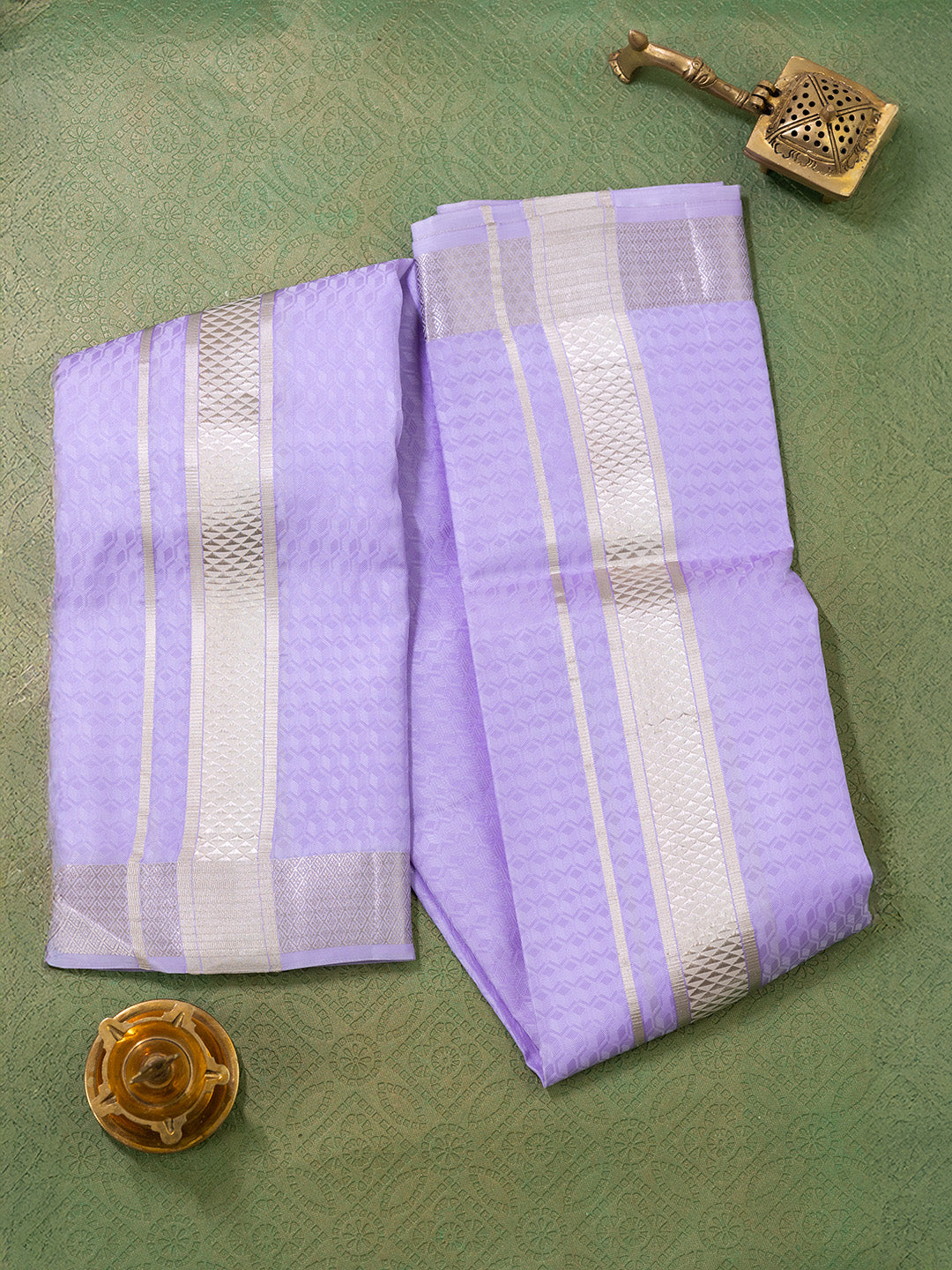 Men Pure Silk Lavender Dhoti Shirting & Towel Set with 2" inch Silver Jari Border RJ07