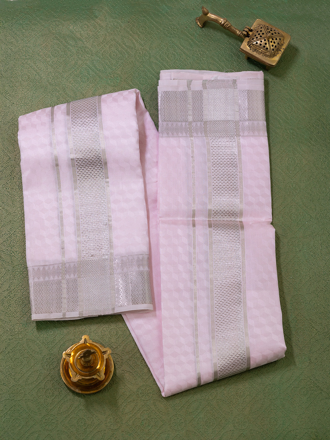 Men Pure Silk Pink Dhoti Shirting & Towel Set with 3" inch Silver Jari Border RJ02