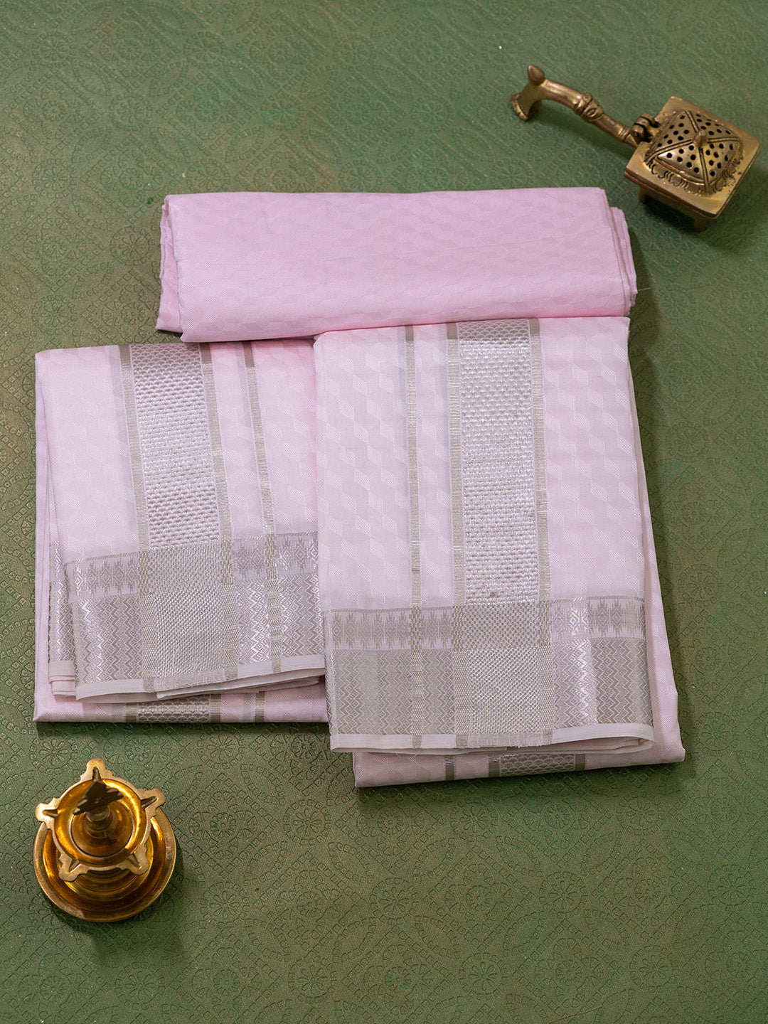 Men Pure Silk Pink Dhoti Shirting & Towel Set with 3" inch Silver Jari Border RJ02