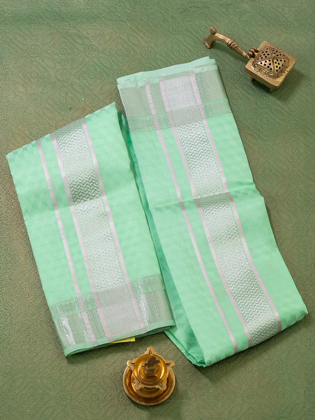 Men Pure Silk Green Dhoti Shirting & Towel Set with 3" inch Silver Jari Border RJ01