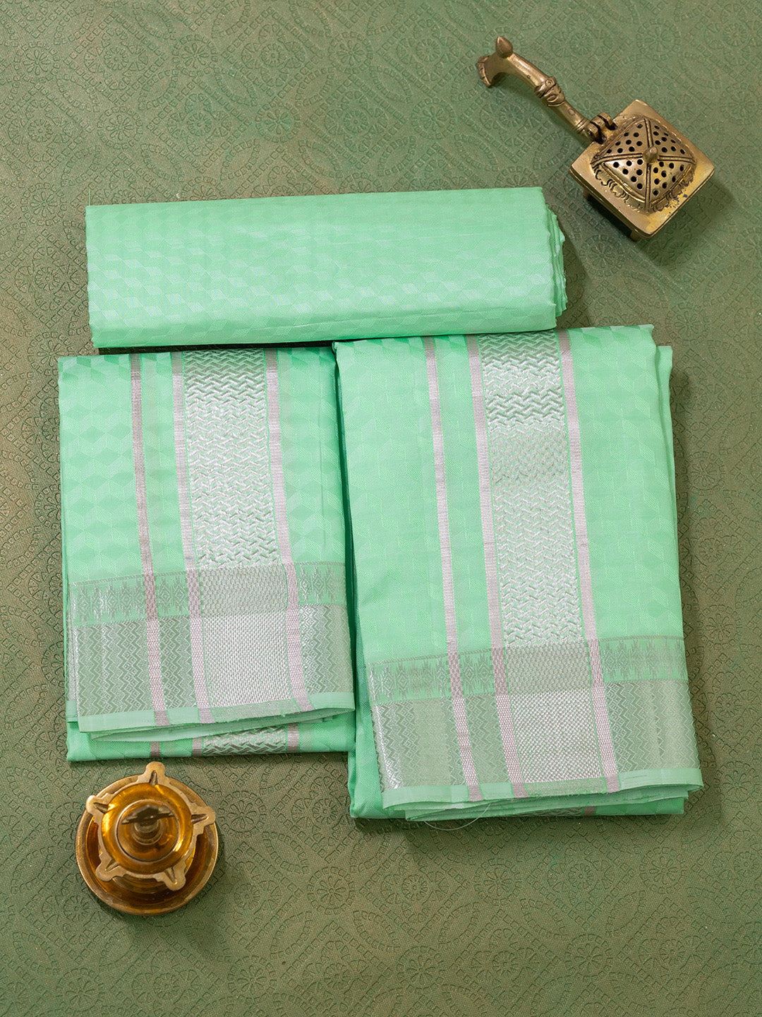 Men Pure Silk Green Dhoti Shirting & Towel Set with 3" inch Silver Jari Border RJ01