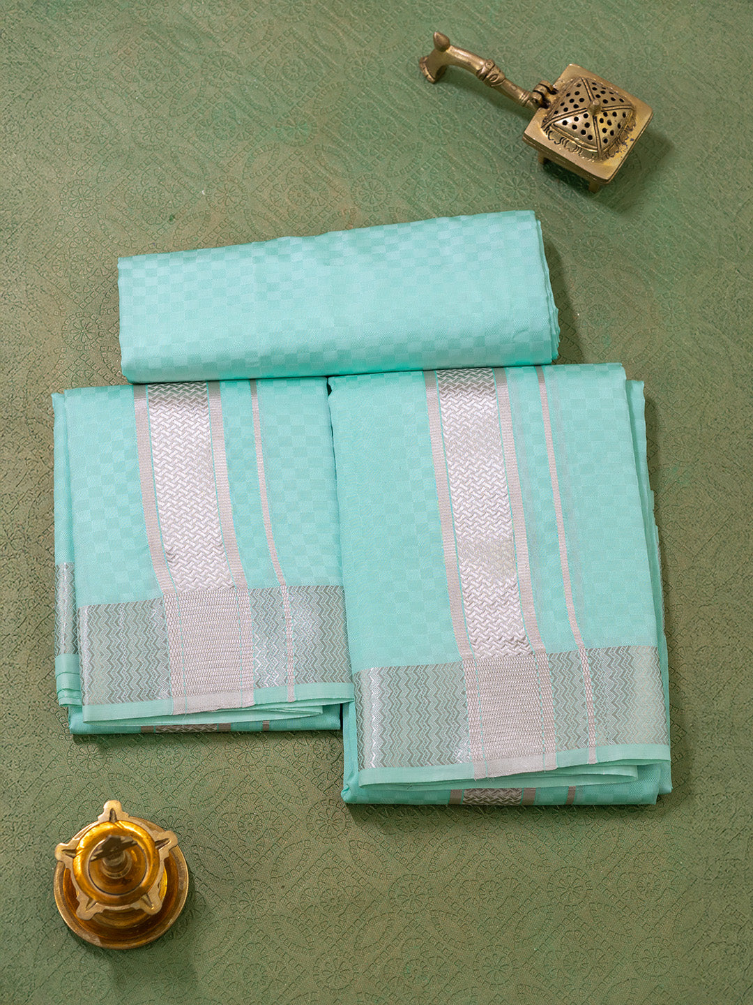 Men Pure Silk Green Dhoti Shirting & Towel Set with 2 1/2 " inch Silver Jari Border RJ02