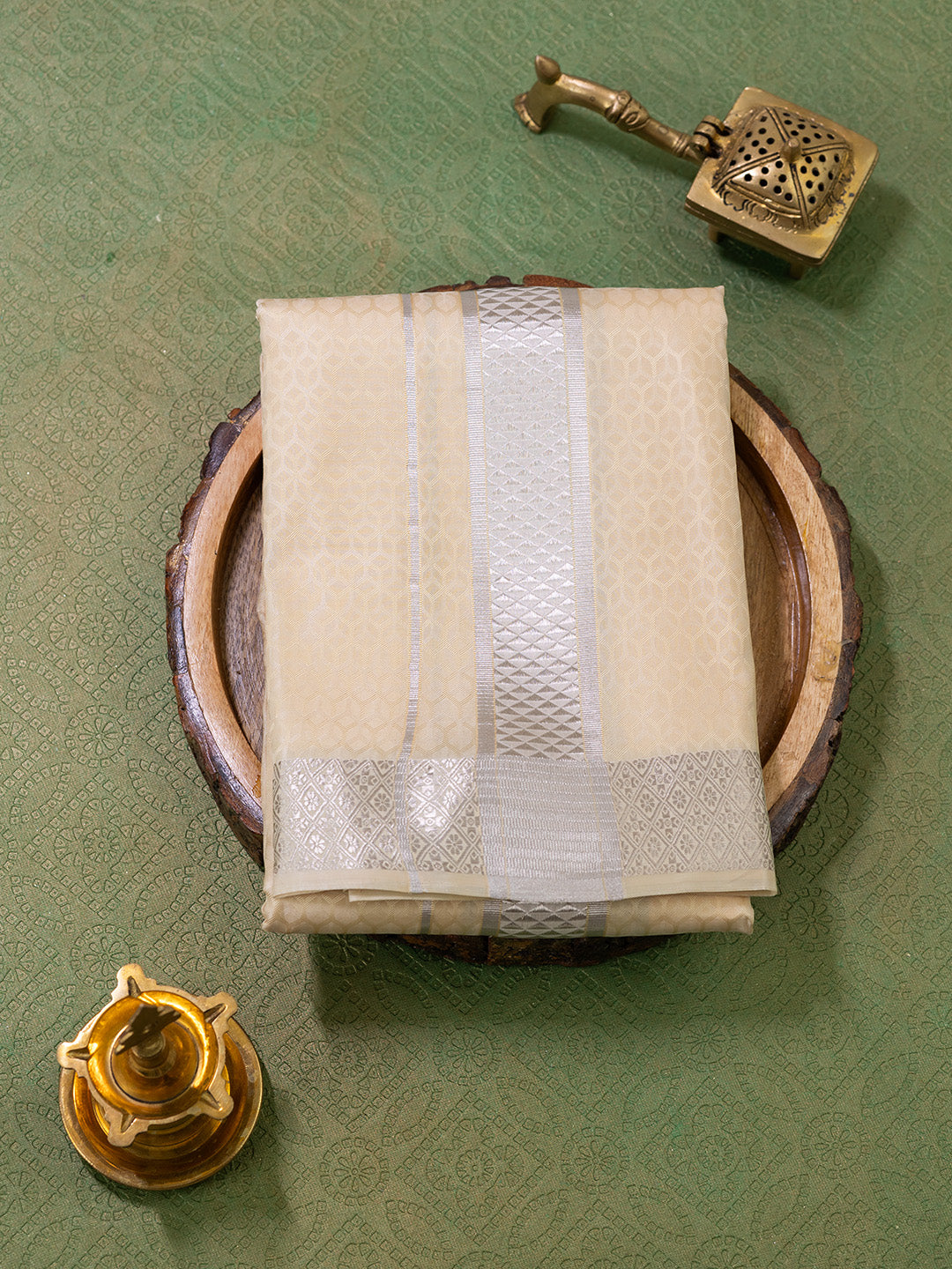 Men Pure Silk Sandal Dhoti Shirting & Towel Set with 2" inch Silver Jari Border RJ05