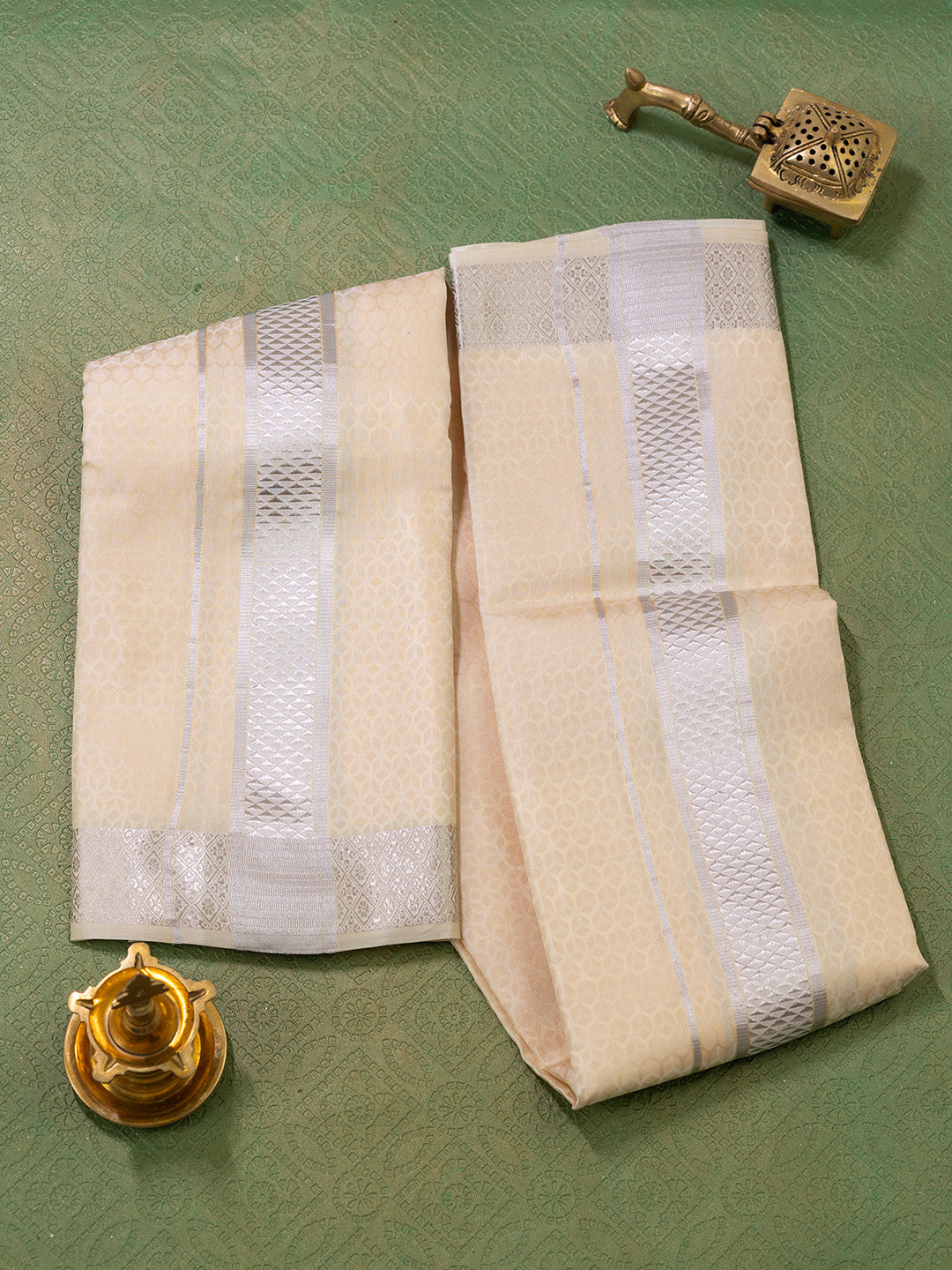 Men Pure Silk Sandal Dhoti Shirting & Towel Set with 2" inch Silver Jari Border RJ05