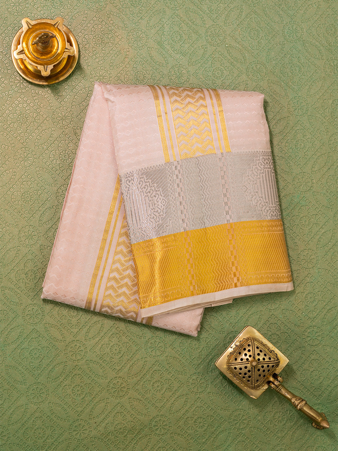 Men Pure Silk Coral Dhoti & Towel Set with 3" inch Fancy Jari Border TK16