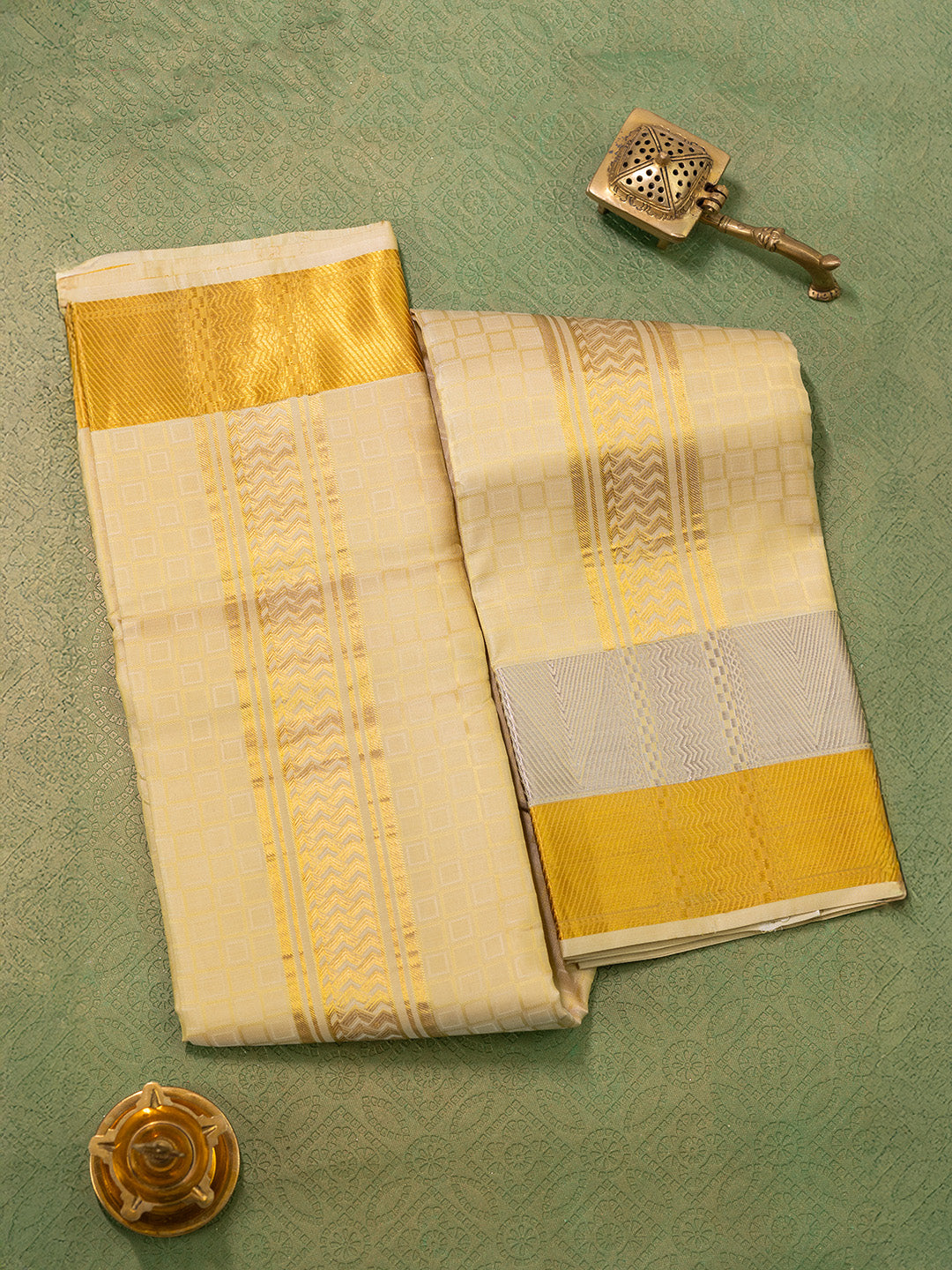 Men Pure Silk Gold Dhoti & Towel Set with 3" inch Gold Jari Border TK05