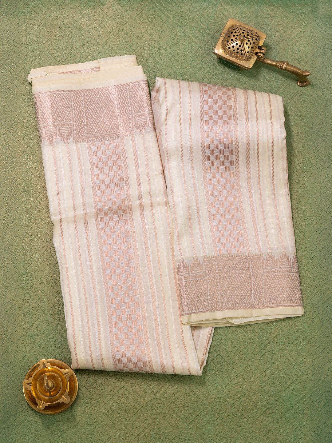 Men Pure Silk Cream Dhoti & Towel Set with 3" inch Fancy Jari Border TK17