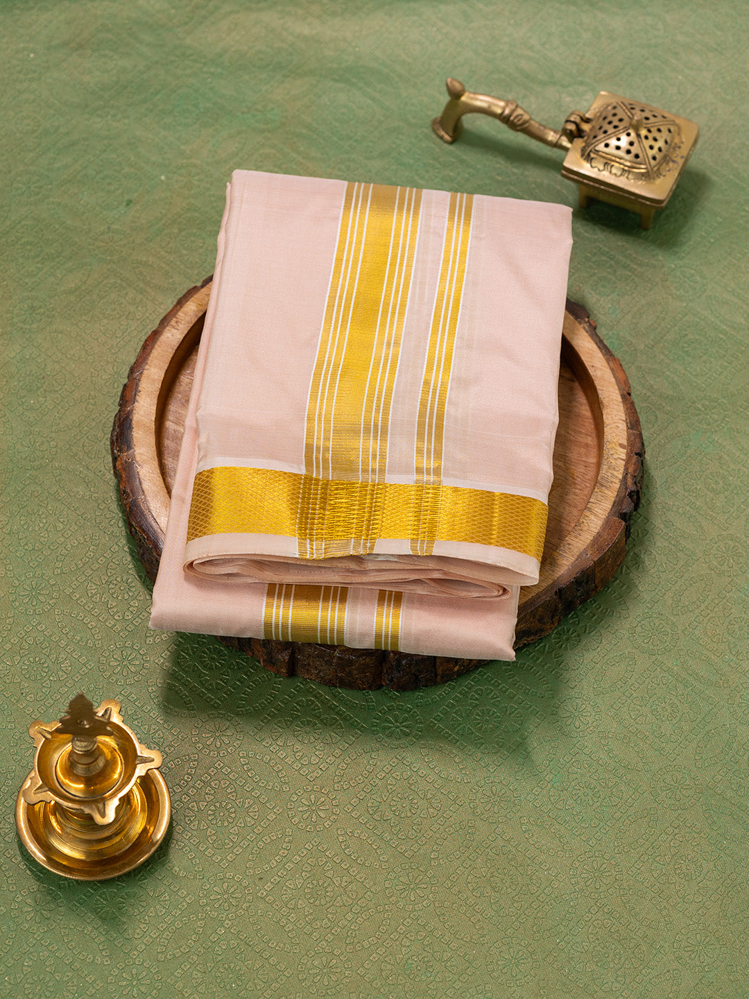 Men Pure Silk Light Peach Dhoti & Towel Set with 1 1/2" inch Jari Border TKC05