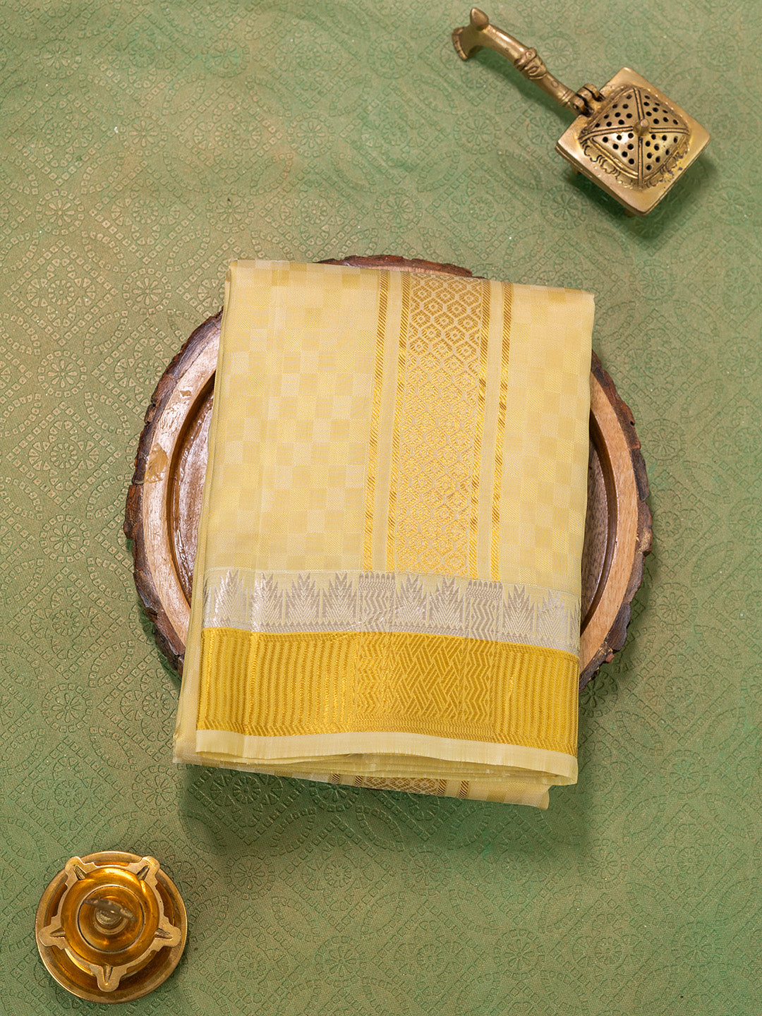 Men Pure Silk Gold Dhoti & Towel Set with 3" inch Fancy Jari Border TK18