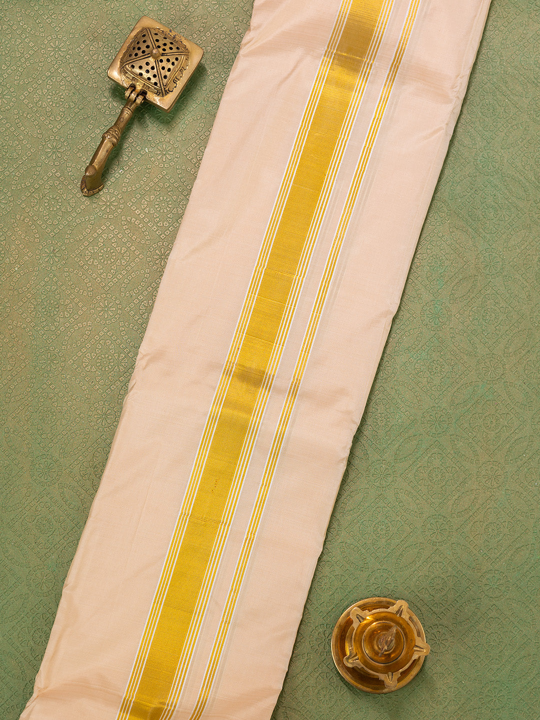 Men Pure Silk Peach Dhoti & Towel Set with 1 1/2" inch Fancy Jari Border TKC07