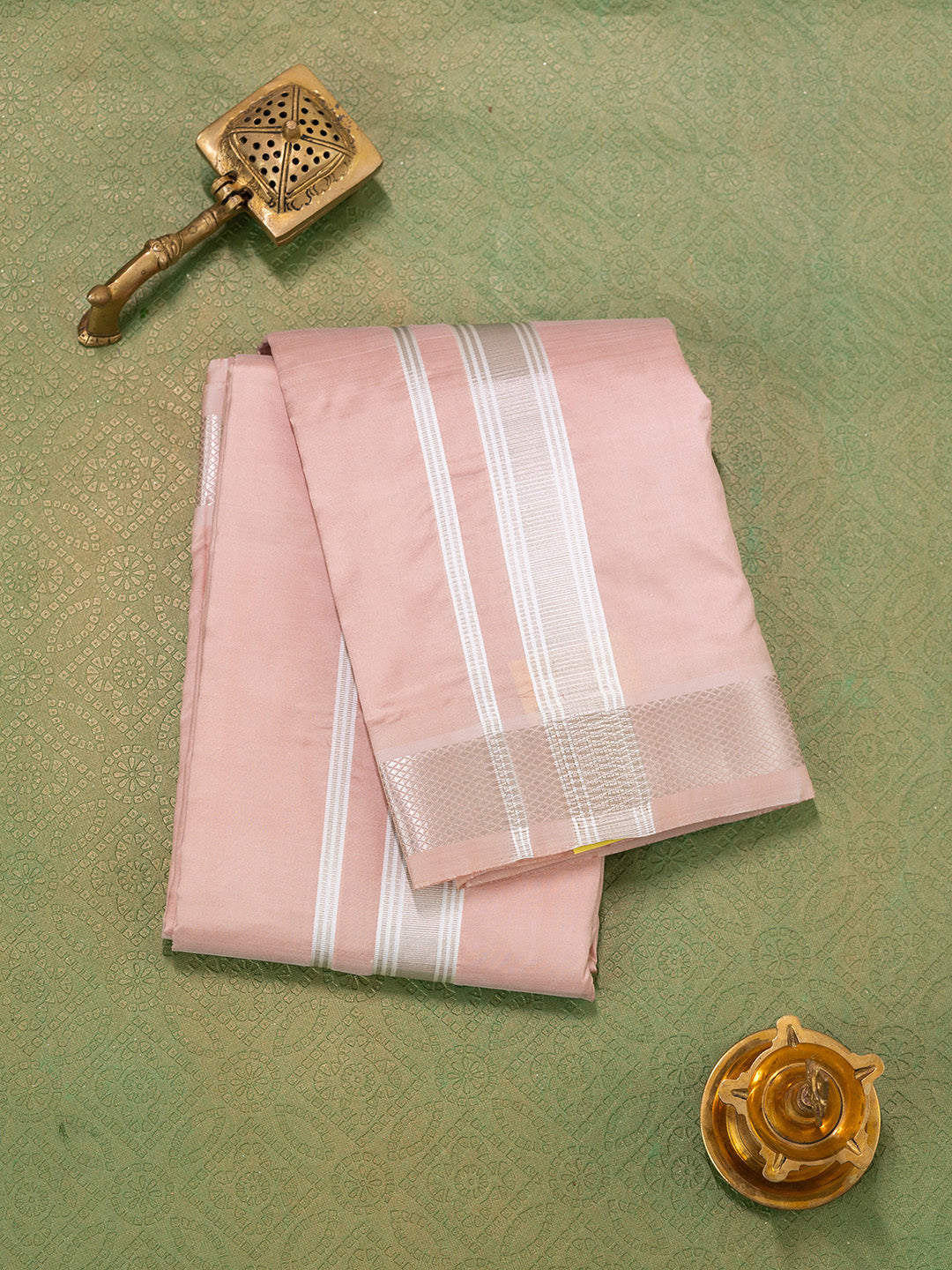 Men Pure Silk Copper Dhoti & Towel Set with 1 1/2" inch Silver Jari Border TKC01