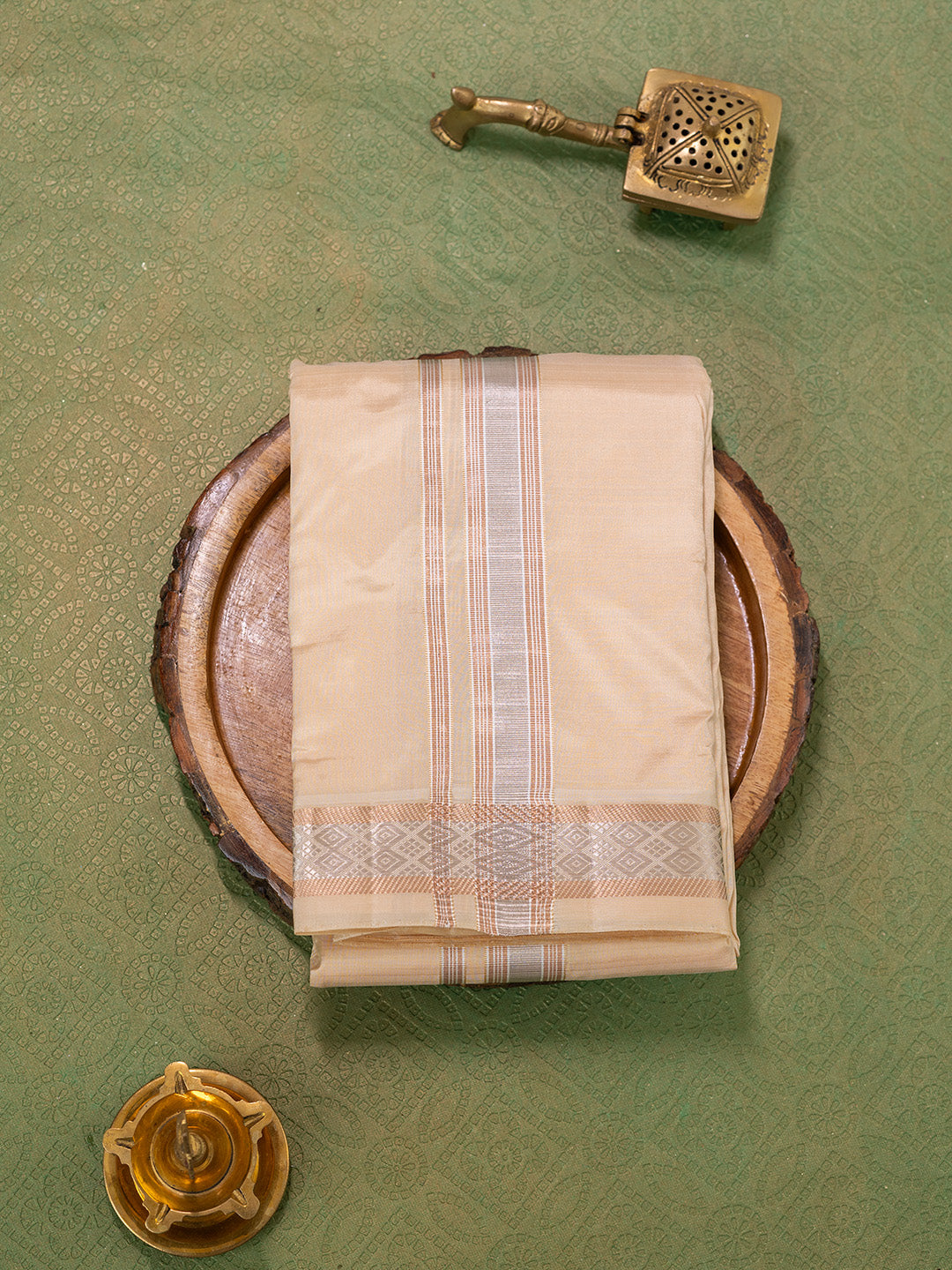 Men Pure Silk Sandal Dhoti & Towel Set with 1 1/2" inch Jari Border TKC03