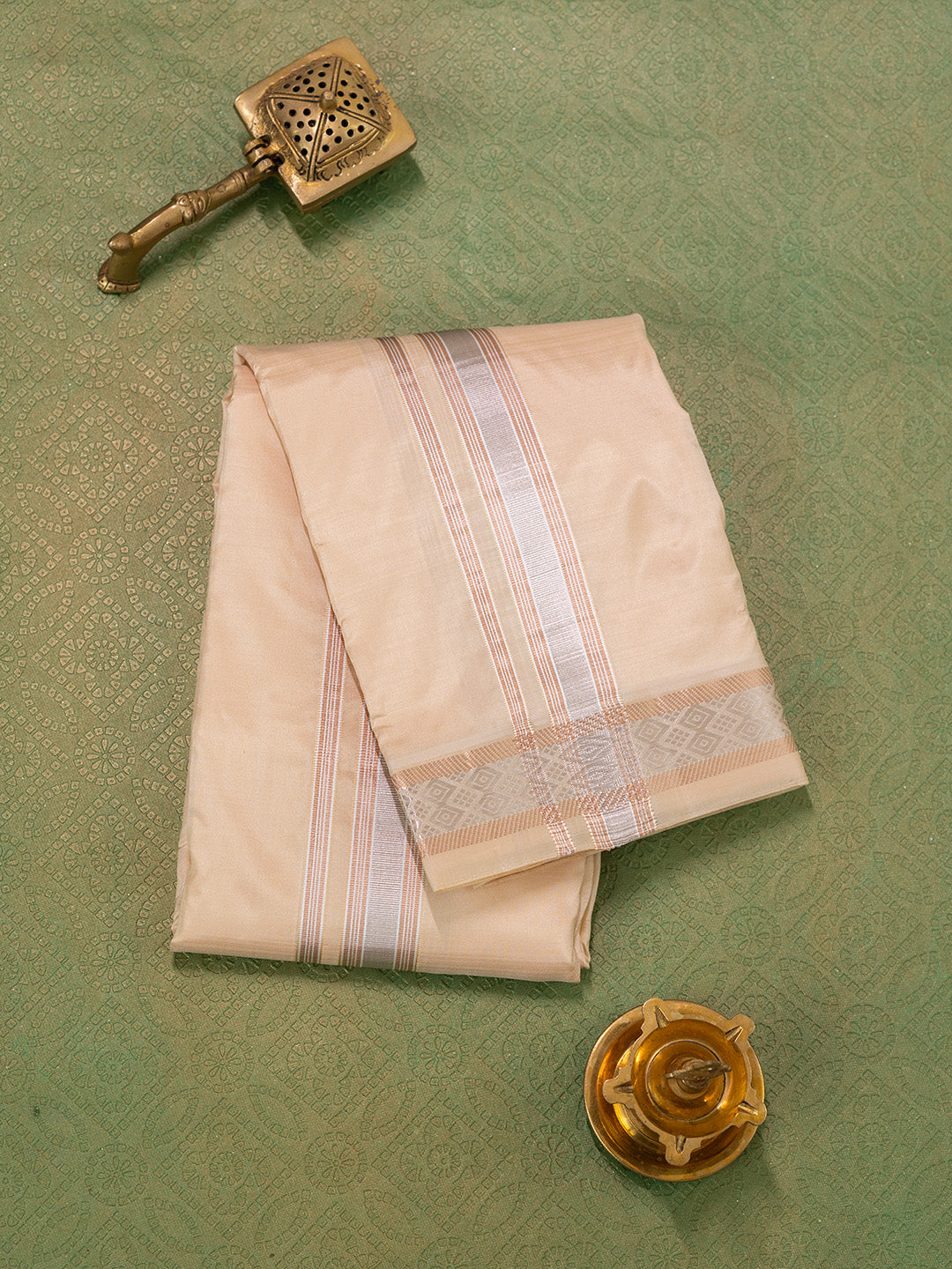 Men Pure Silk Sandal Dhoti & Towel Set with 1 1/2" inch Jari Border TKC03