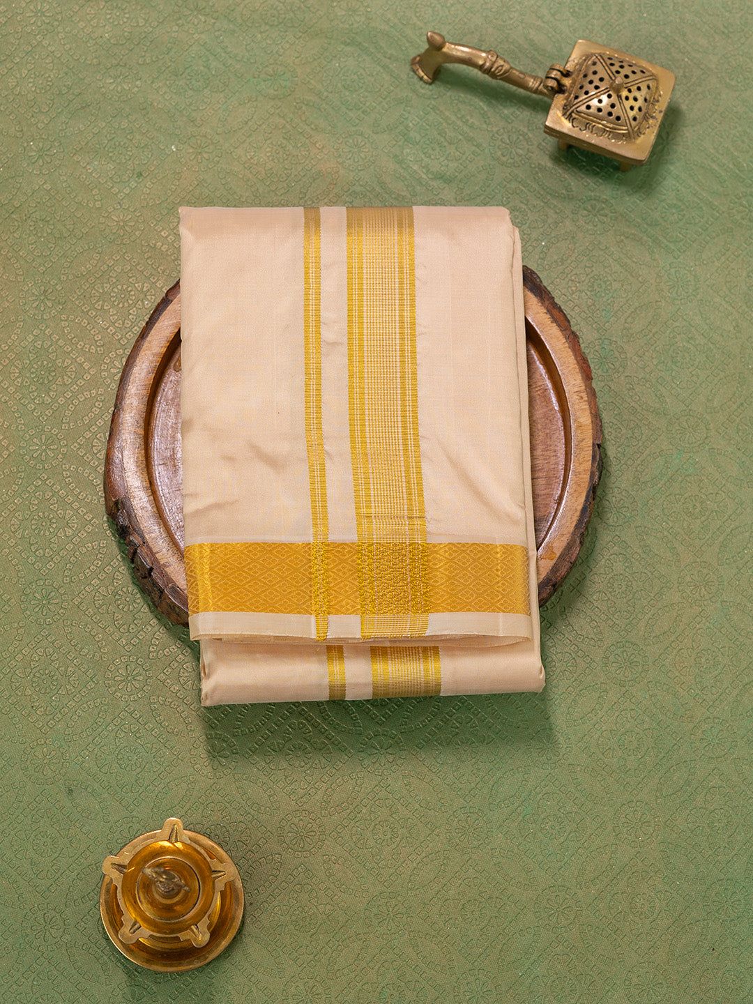 Men Pure Silk Light Peach Dhoti & Towel Set with 1 1/2" inch Jari Border TKC08