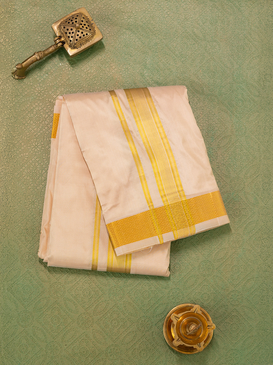 Men Pure Silk Light Peach Dhoti & Towel Set with 1 1/2" inch Jari Border TKC08