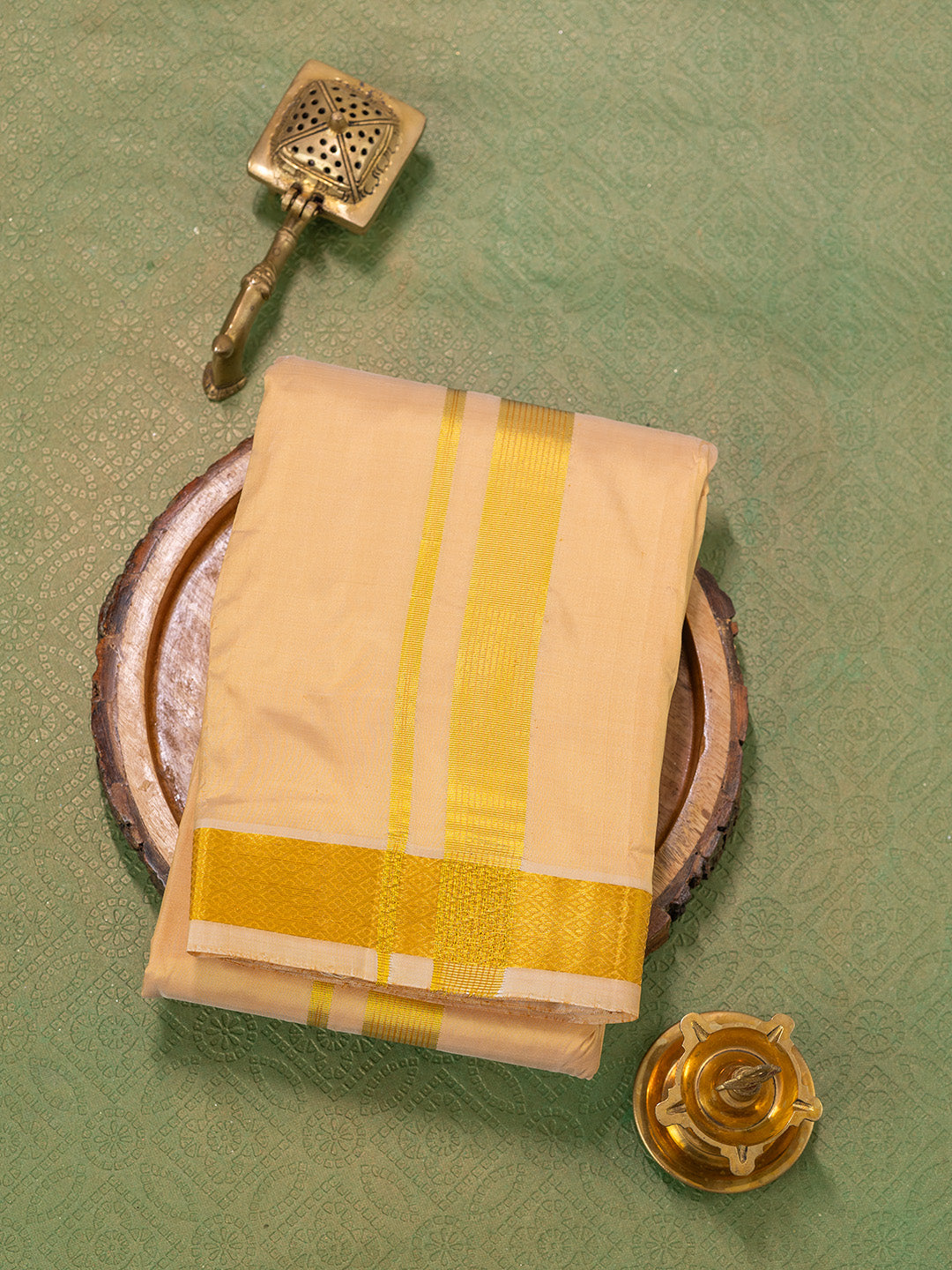 Men Pure Silk Gold Dhoti & Towel Set with 1 1/2" inch Gold Jari Border TKC06
