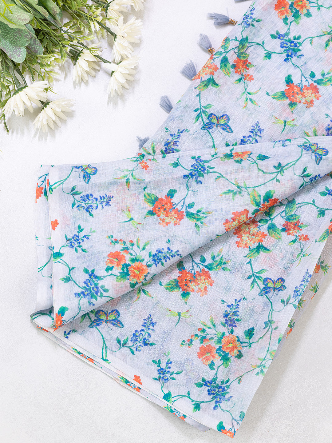 Women Semi Linen Saree Light Blue SL210