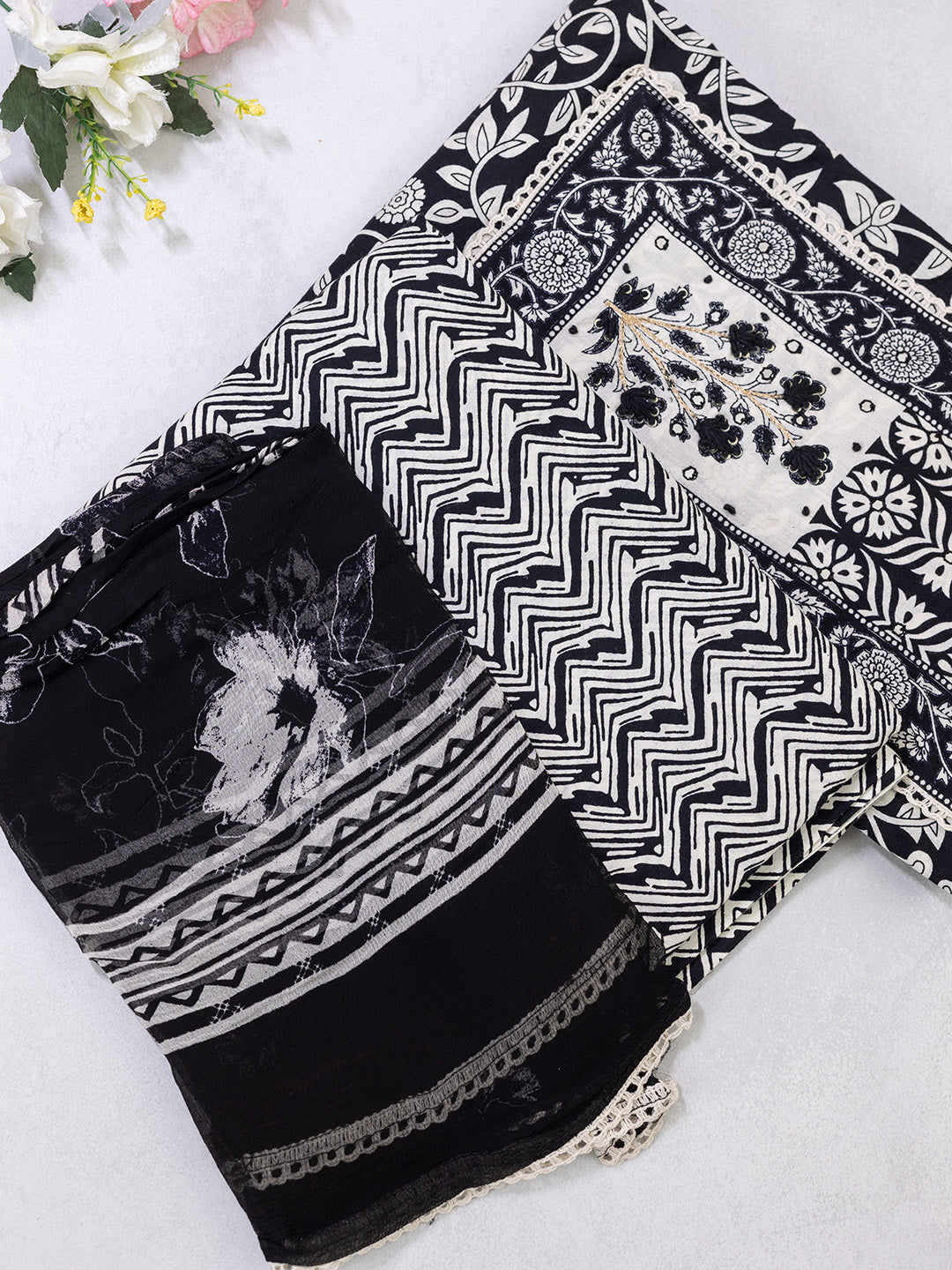 Women Pure Cotton Printed Dress Material Navy Blue DM319