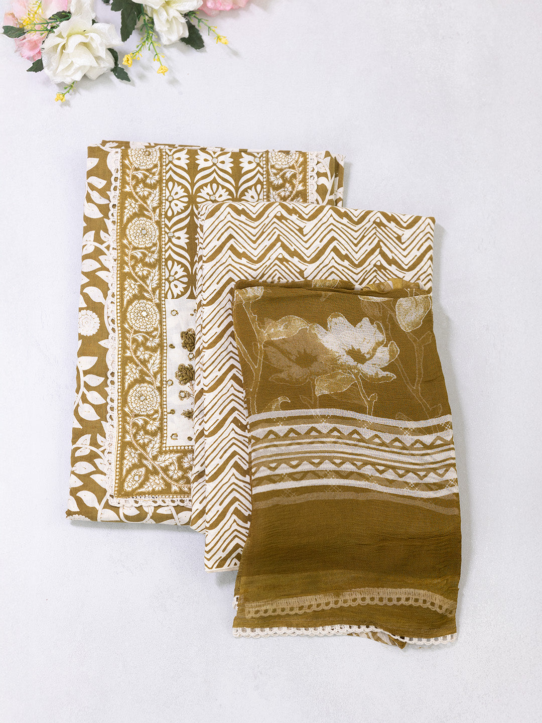 Women Pure Cotton Printed Dress Material Green DM317