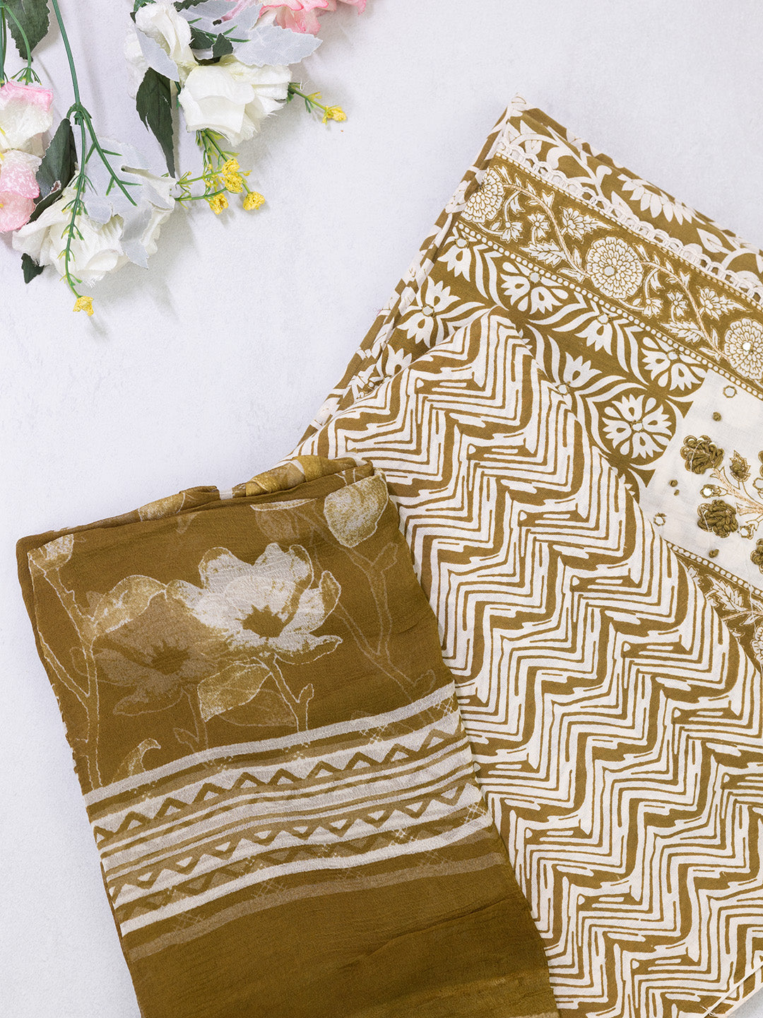 Women Pure Cotton Printed Dress Material Green DM317